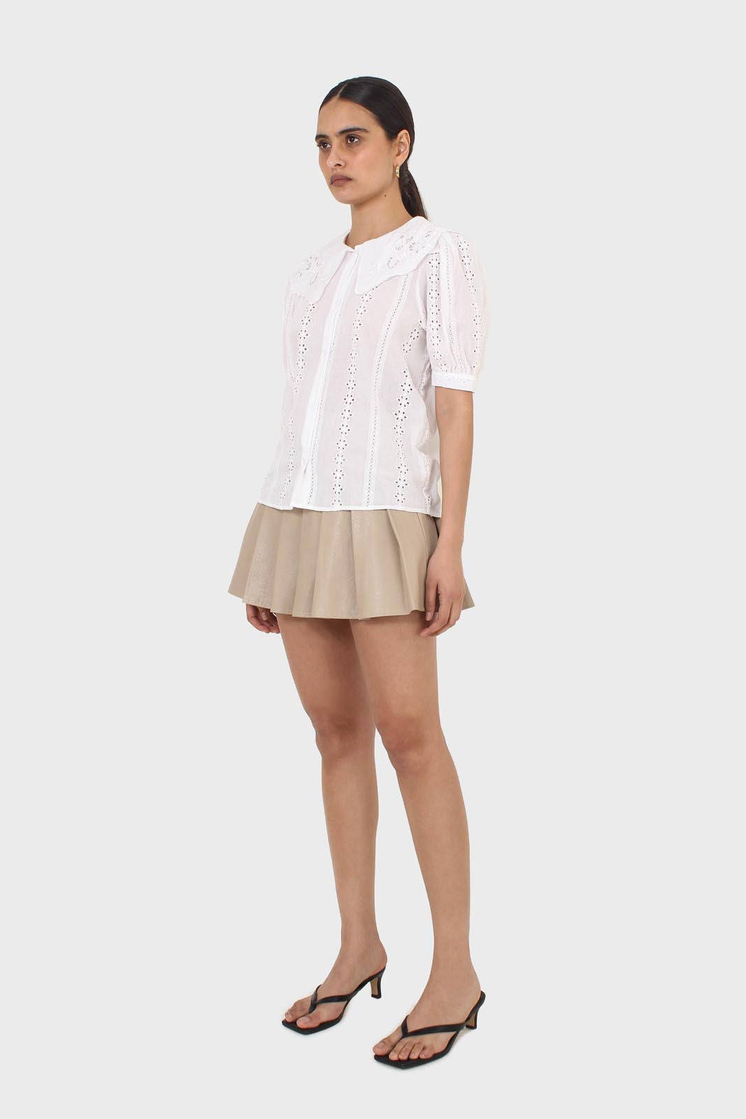 Beige waxed pleated mini skirt_5