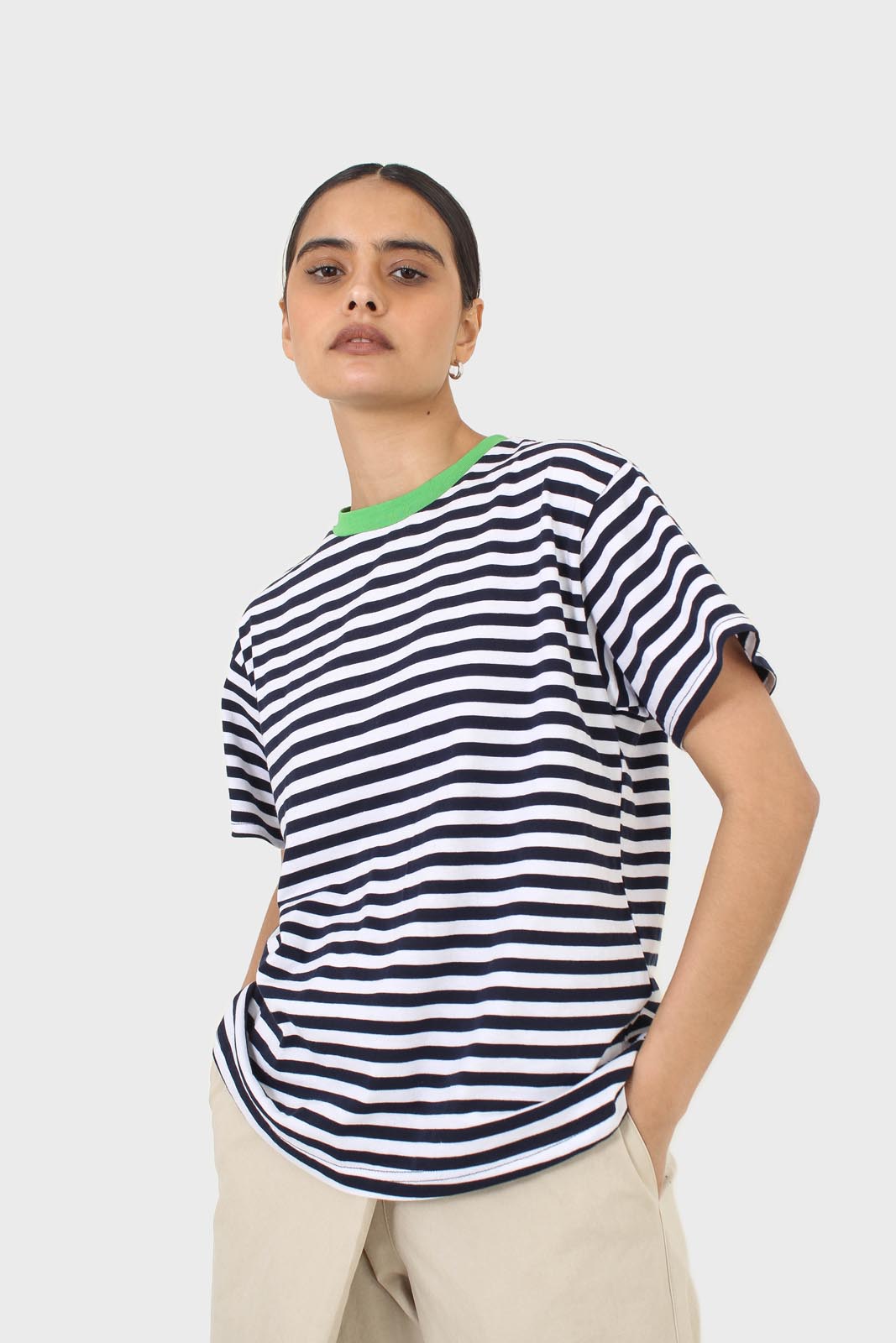 Navy striped green contrast binding tee_1