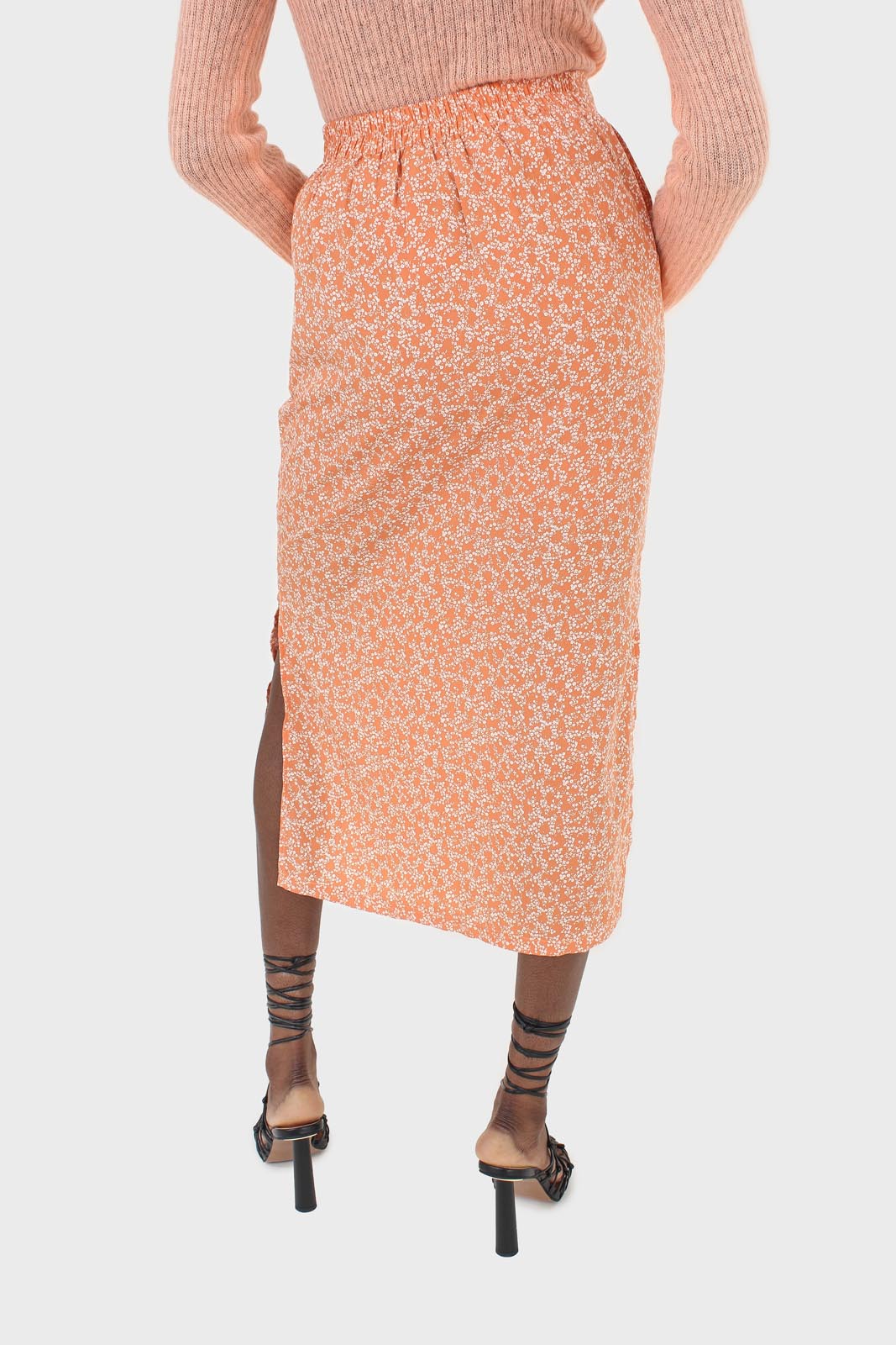 Orange tiny floral print midi skirt_3