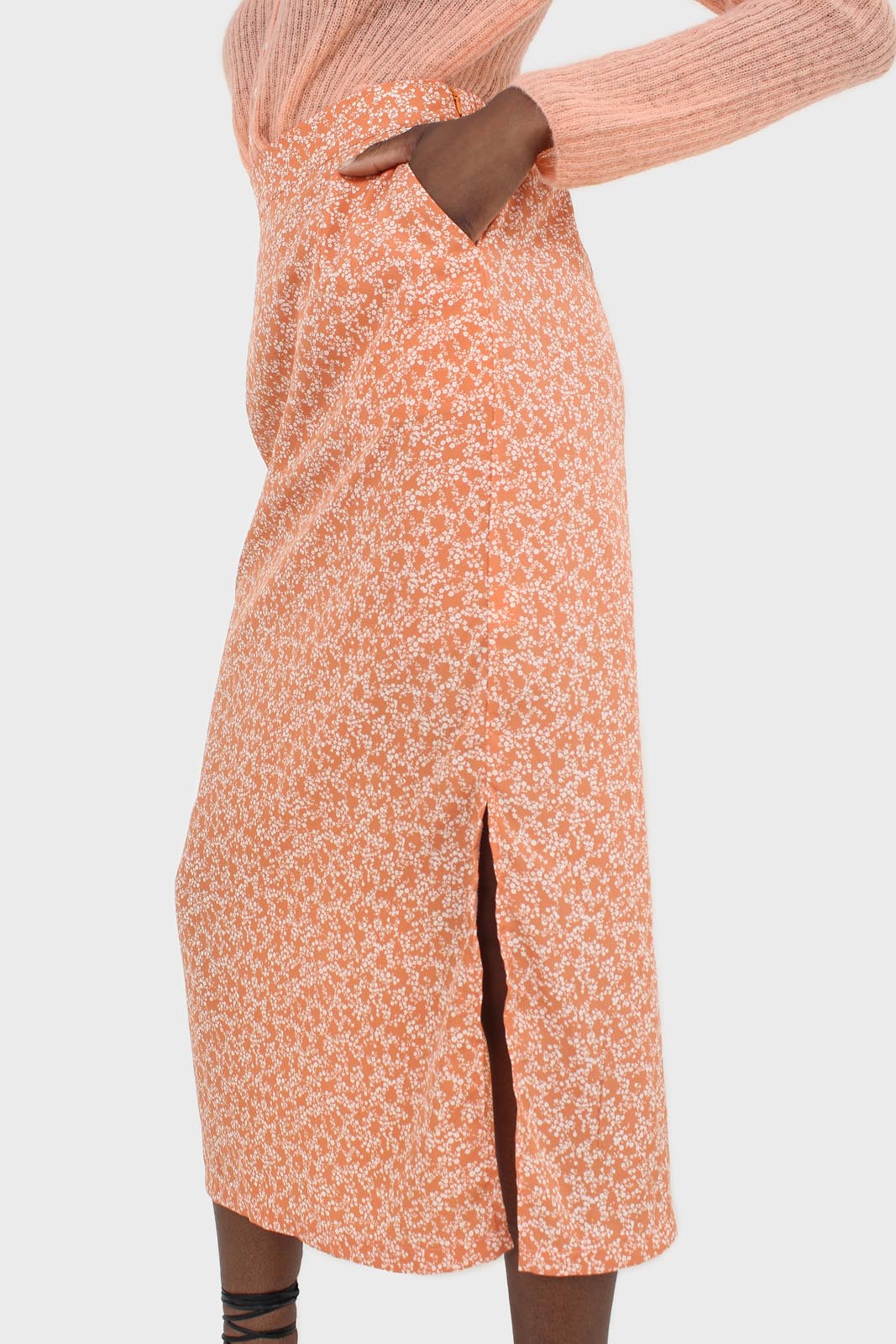 Orange tiny floral print midi skirt_9