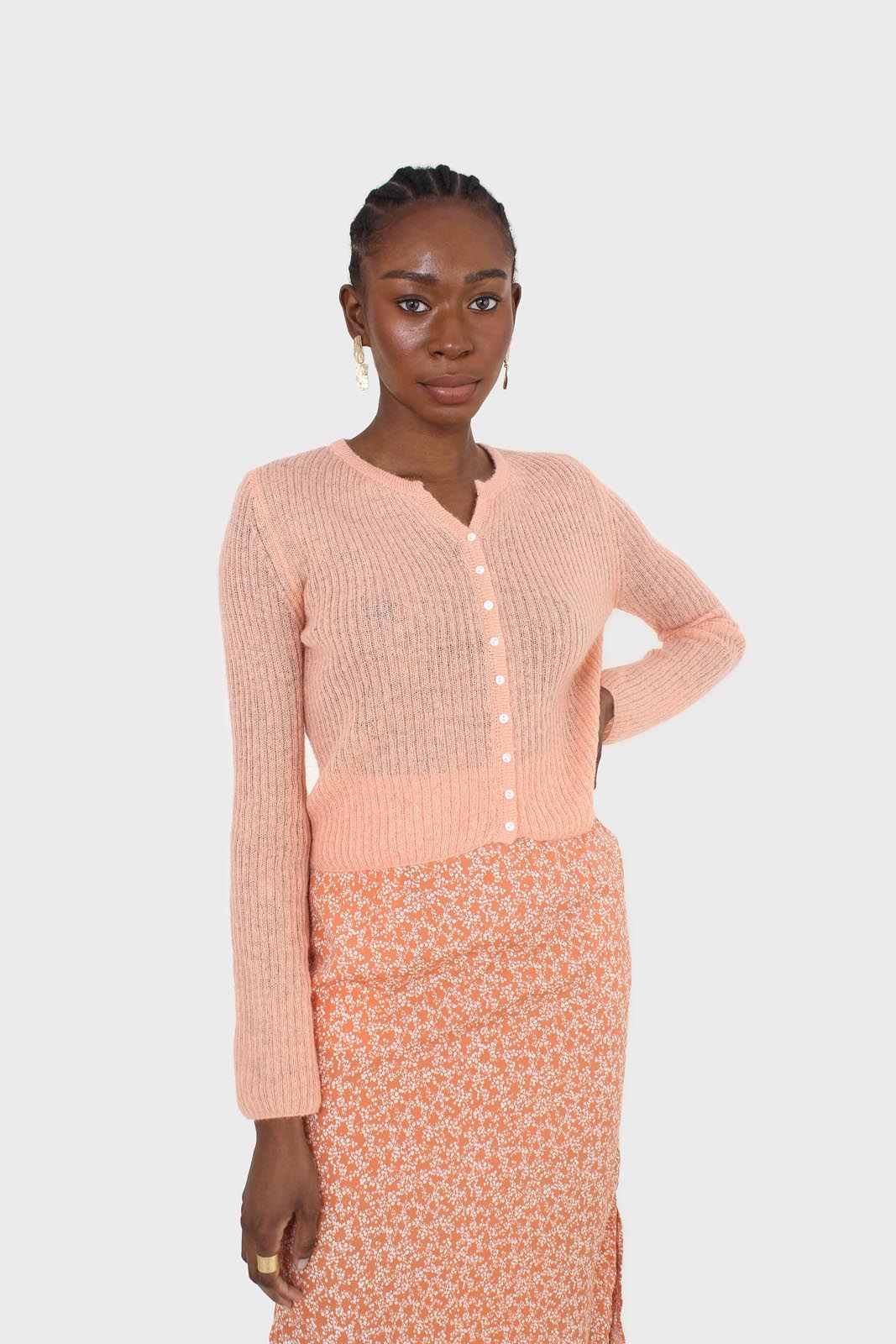 Orange tiny floral print midi skirt_7