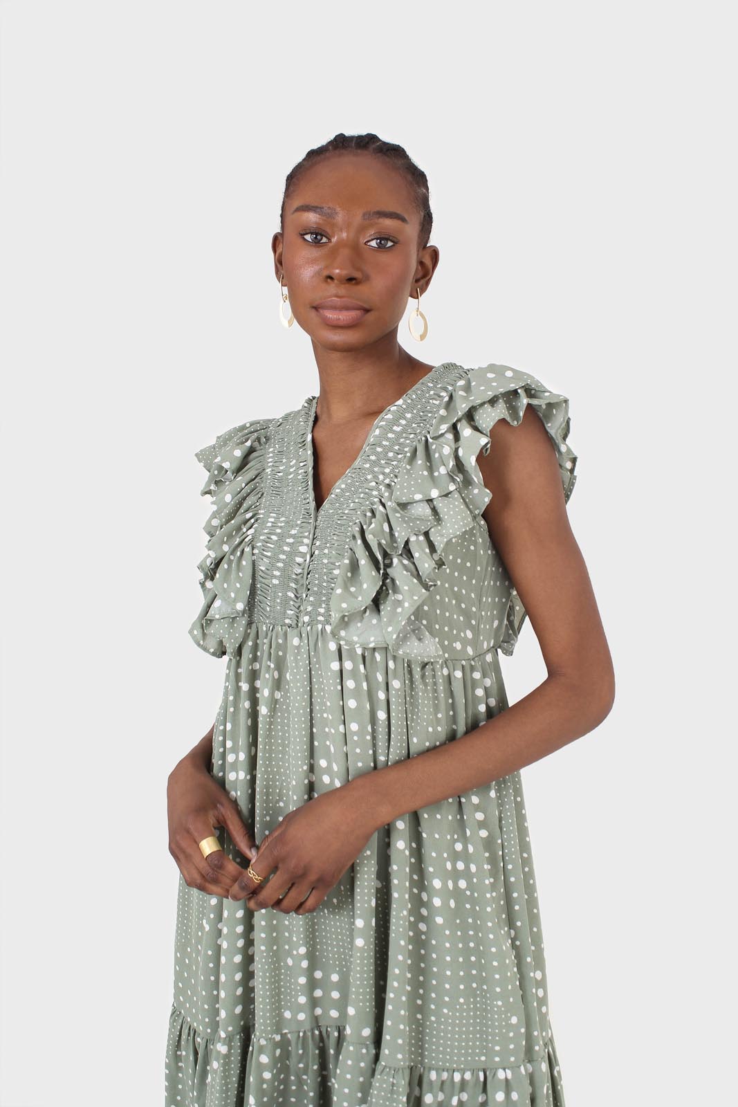 Green and white dappled ruffle V neck midi dress_8