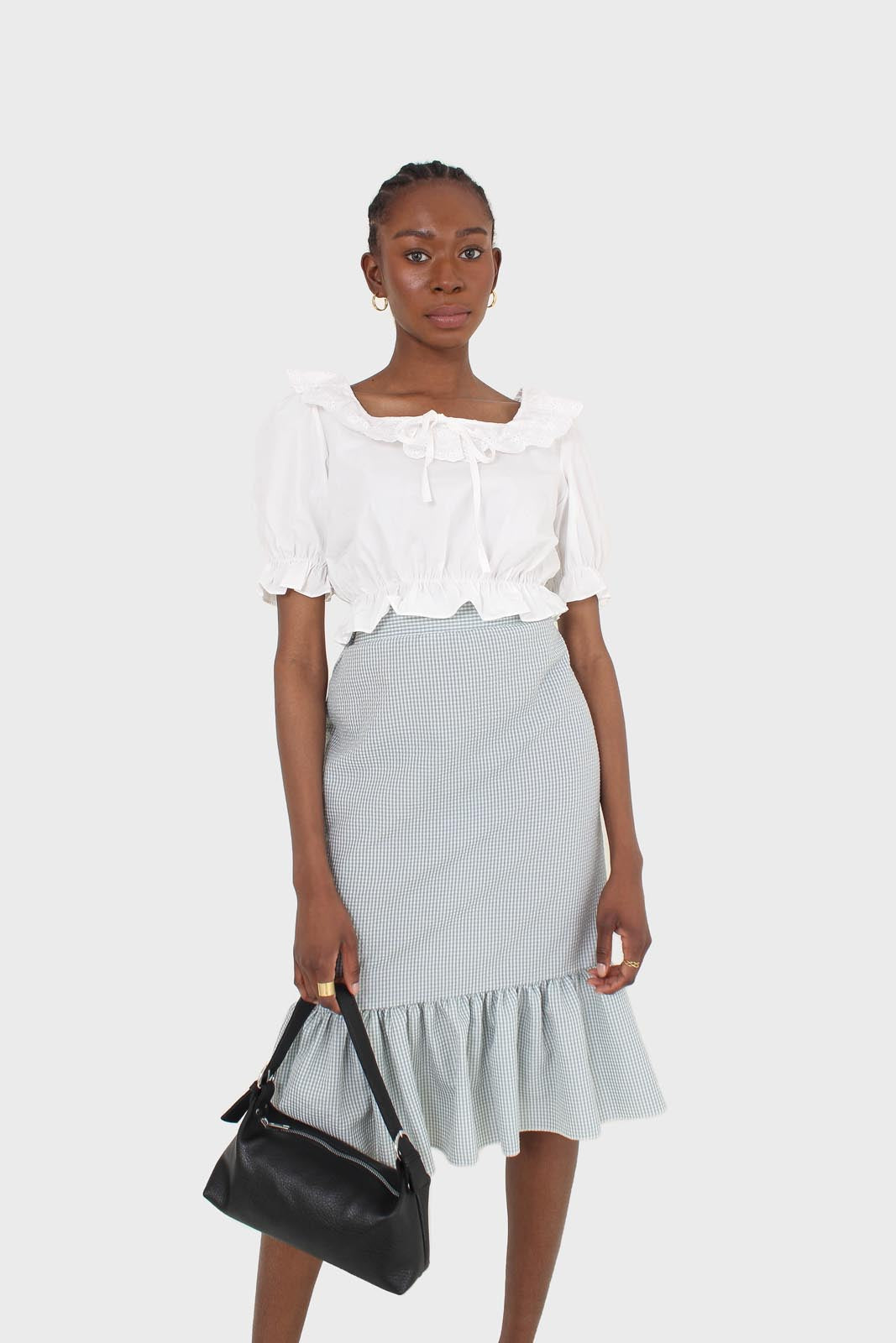 Ivory cropped puff sleeved broderie anglaise trim top_15