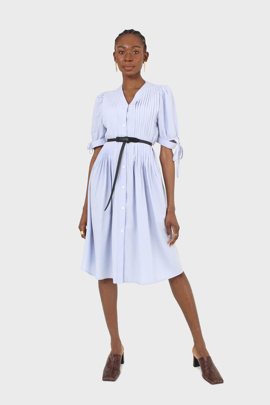 Blue button front pleated detail shirt dress_1