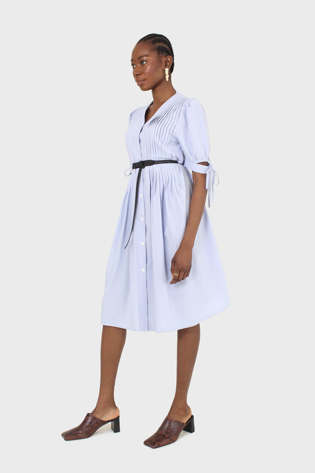 Blue button front pleated detail shirt dress_3