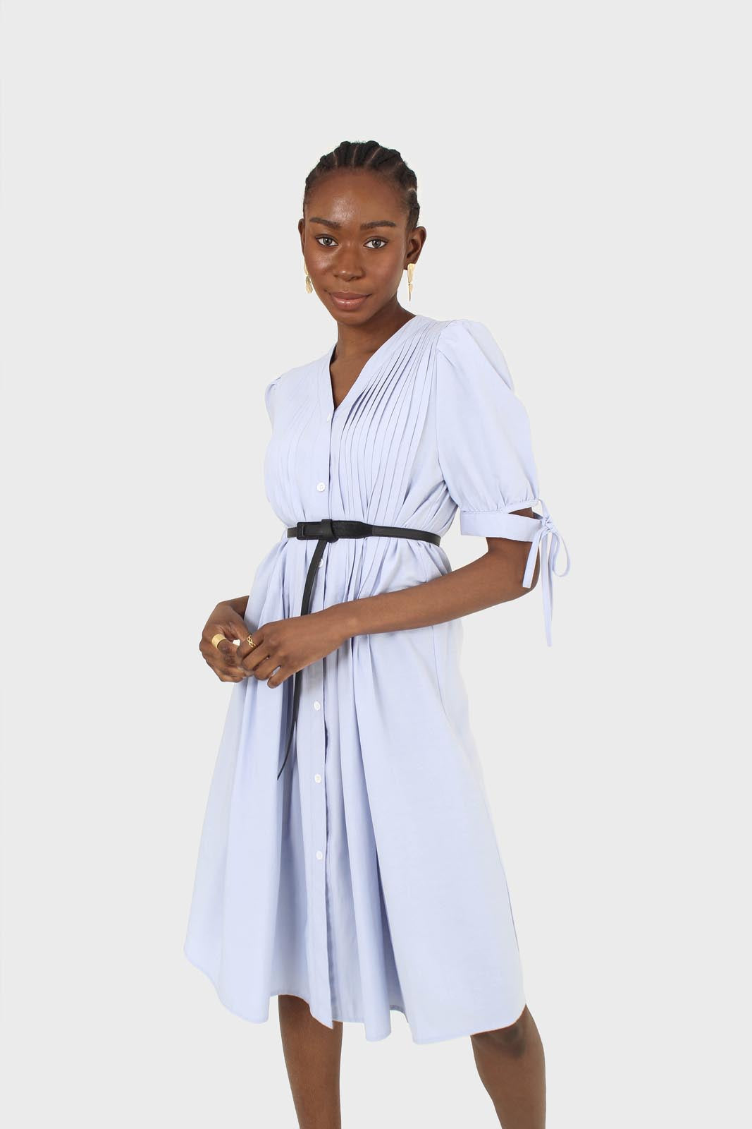 Blue button front pleated detail shirt dress_8