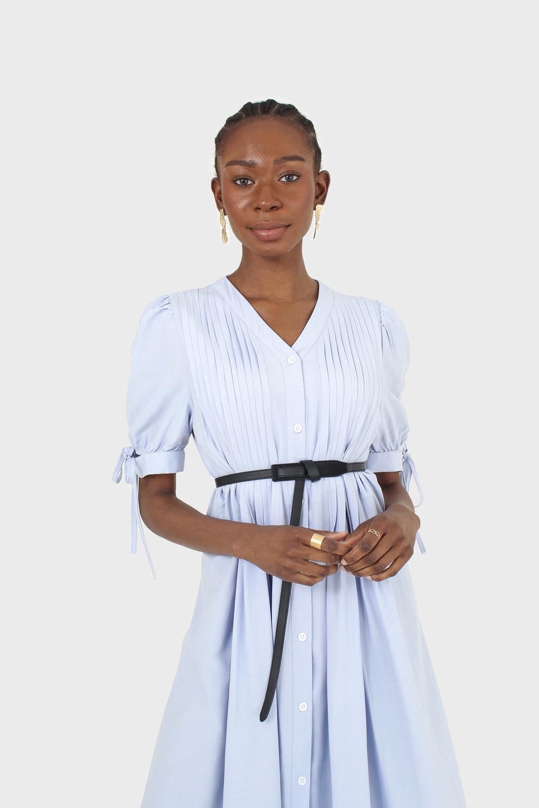 Blue button front pleated detail shirt dress_5