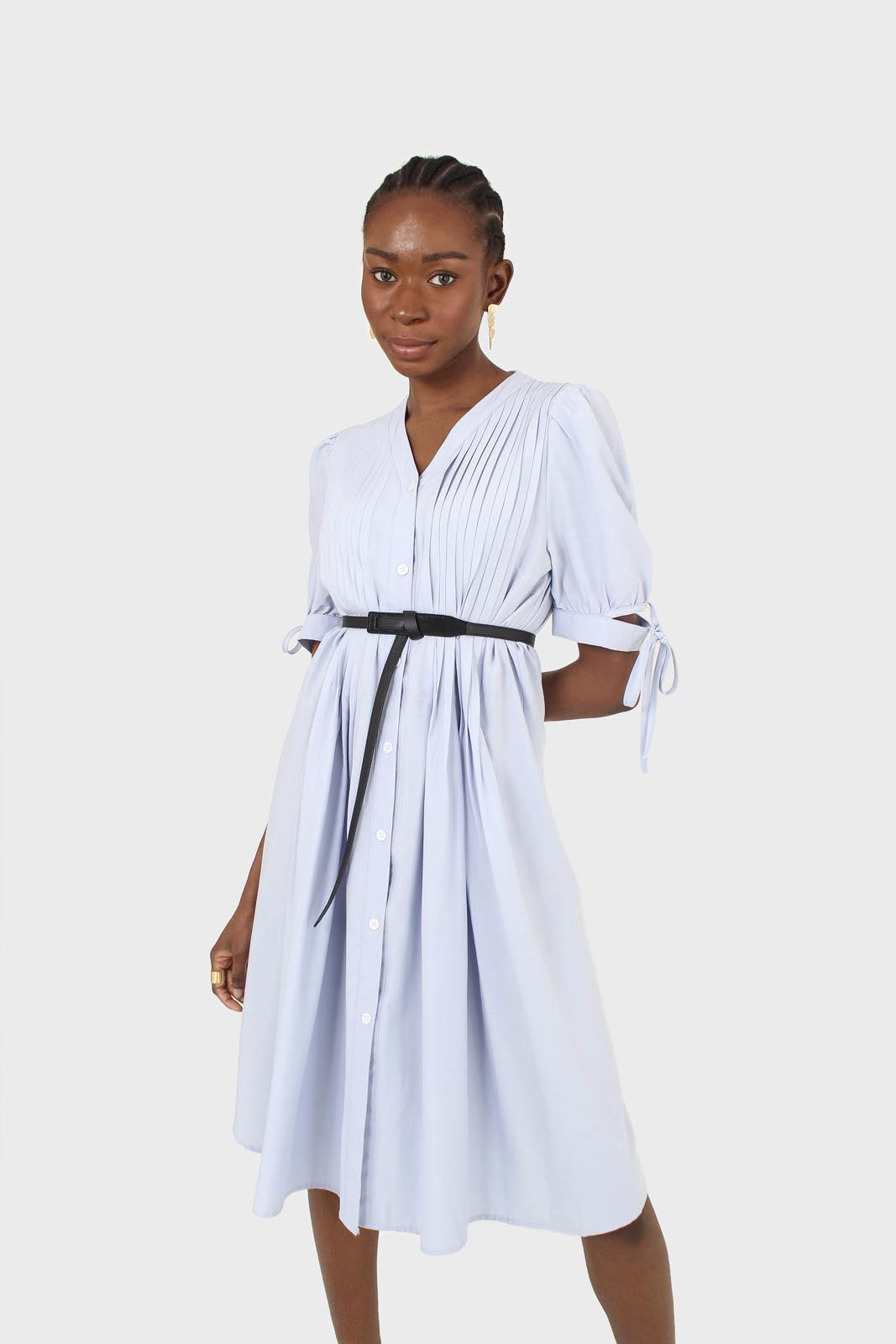 Blue button front pleated detail shirt dress_7