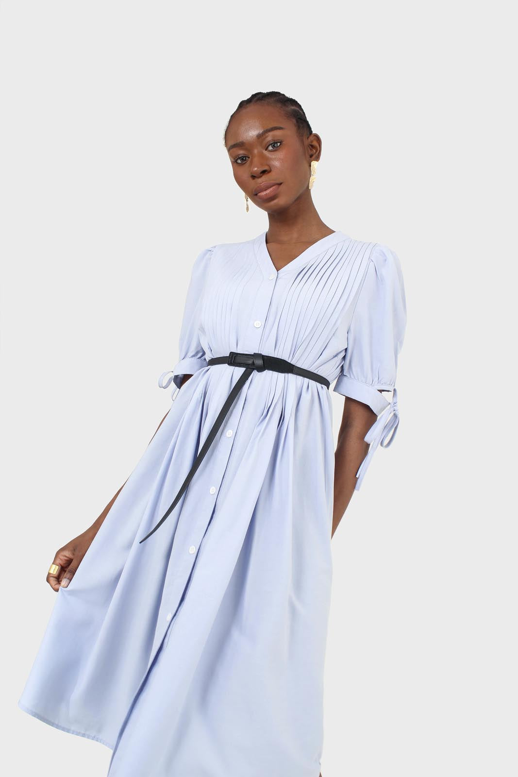 Blue button front pleated detail shirt dress_6