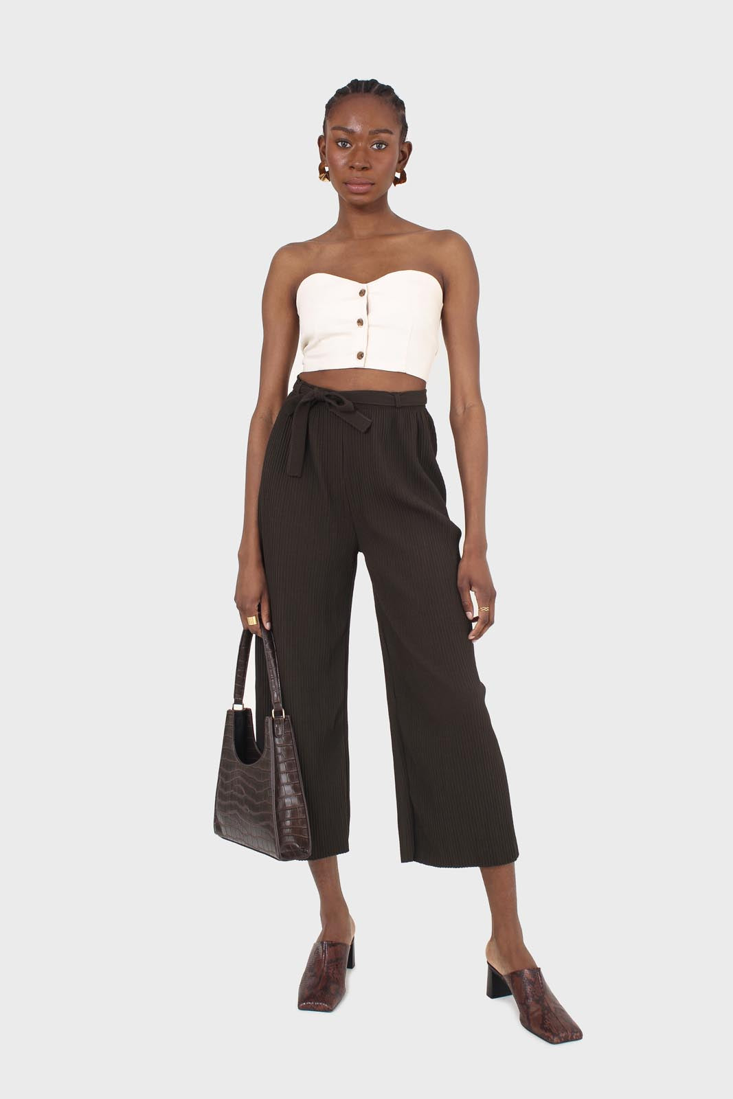 Khaki tie waist ribbed wide leg loose fit trousers_4