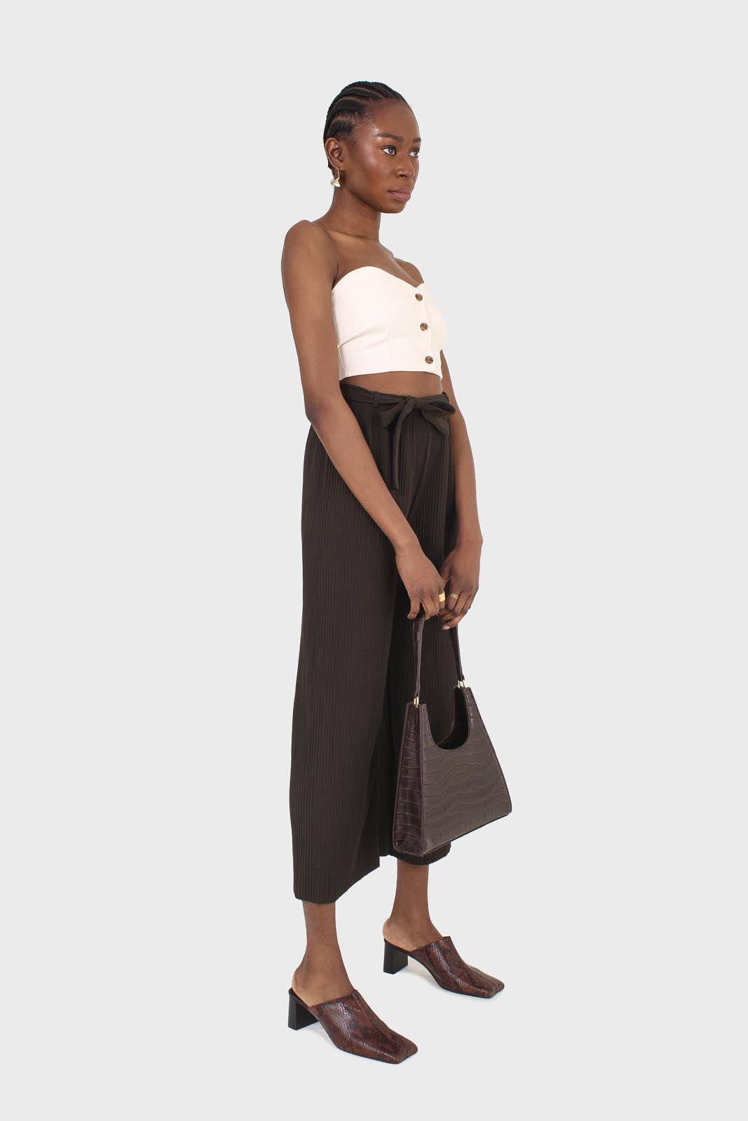 Khaki tie waist ribbed wide leg loose fit trousers_5