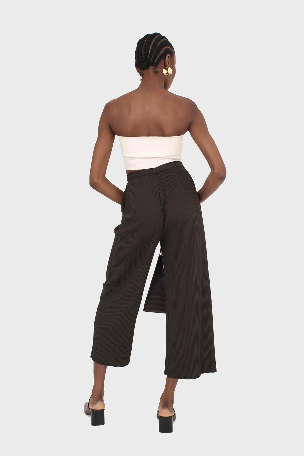 Khaki tie waist ribbed wide leg loose fit trousers_6