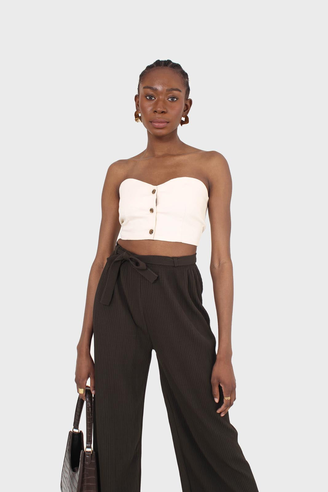 Khaki tie waist ribbed wide leg loose fit trousers_7