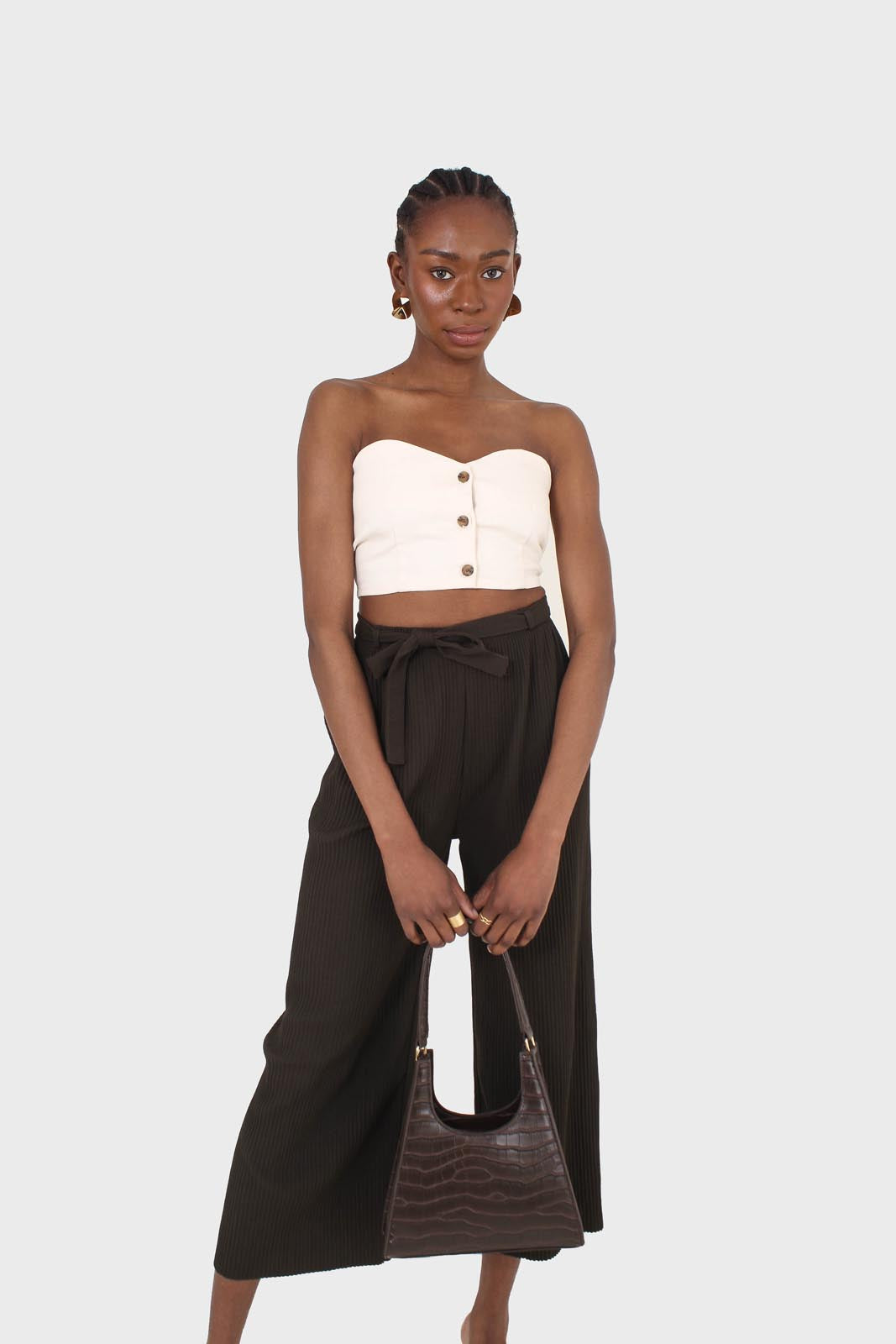 Khaki tie waist ribbed wide leg loose fit trousers_8