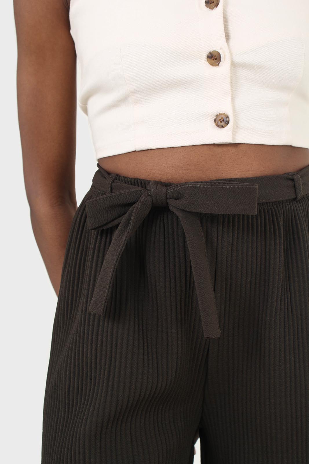 Khaki tie waist ribbed wide leg loose fit trousers_3