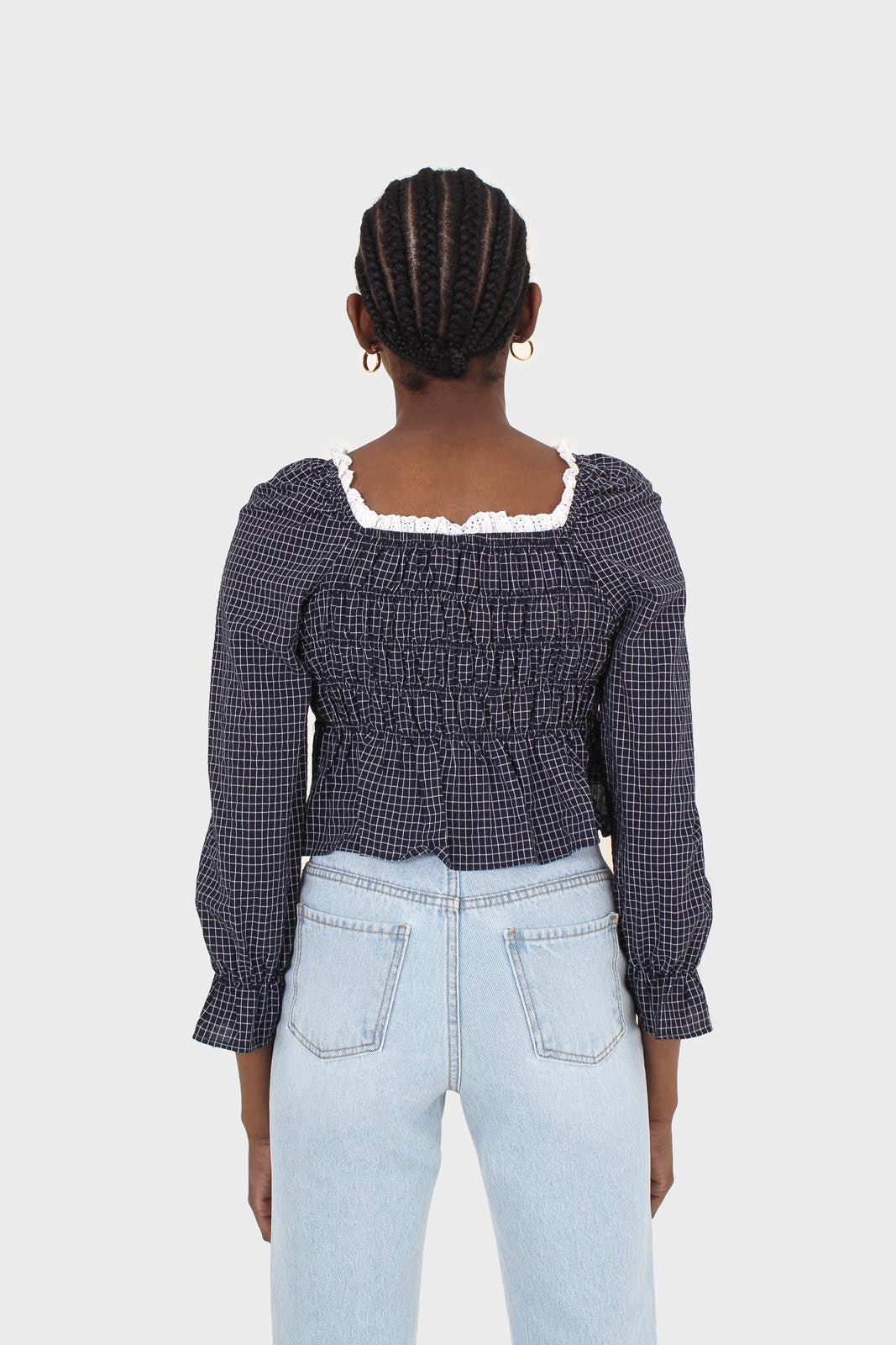 Navy and ivory grid print shirred long sleeved top_3