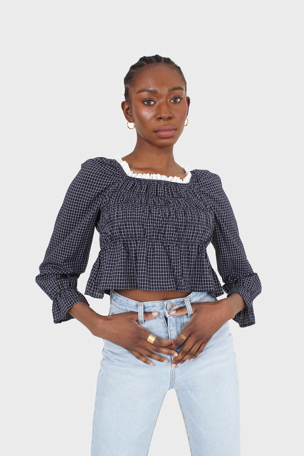 Navy and ivory grid print shirred long sleeved top_1