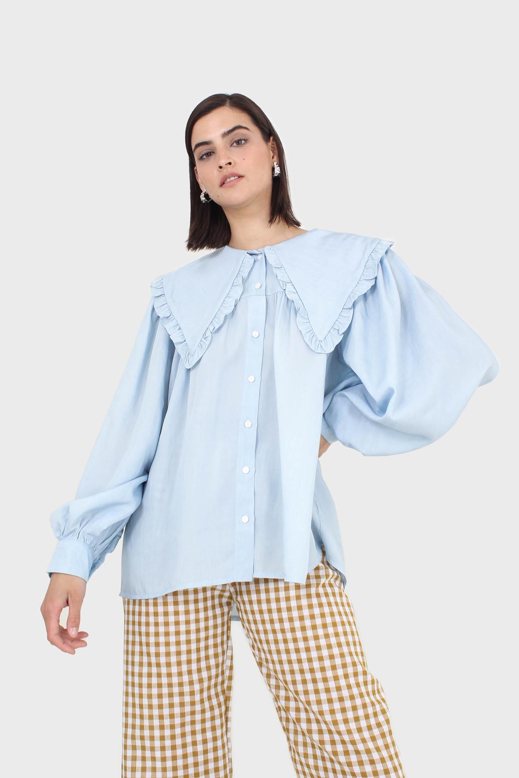 Blue frill large collar balloon sleeve blouse_1