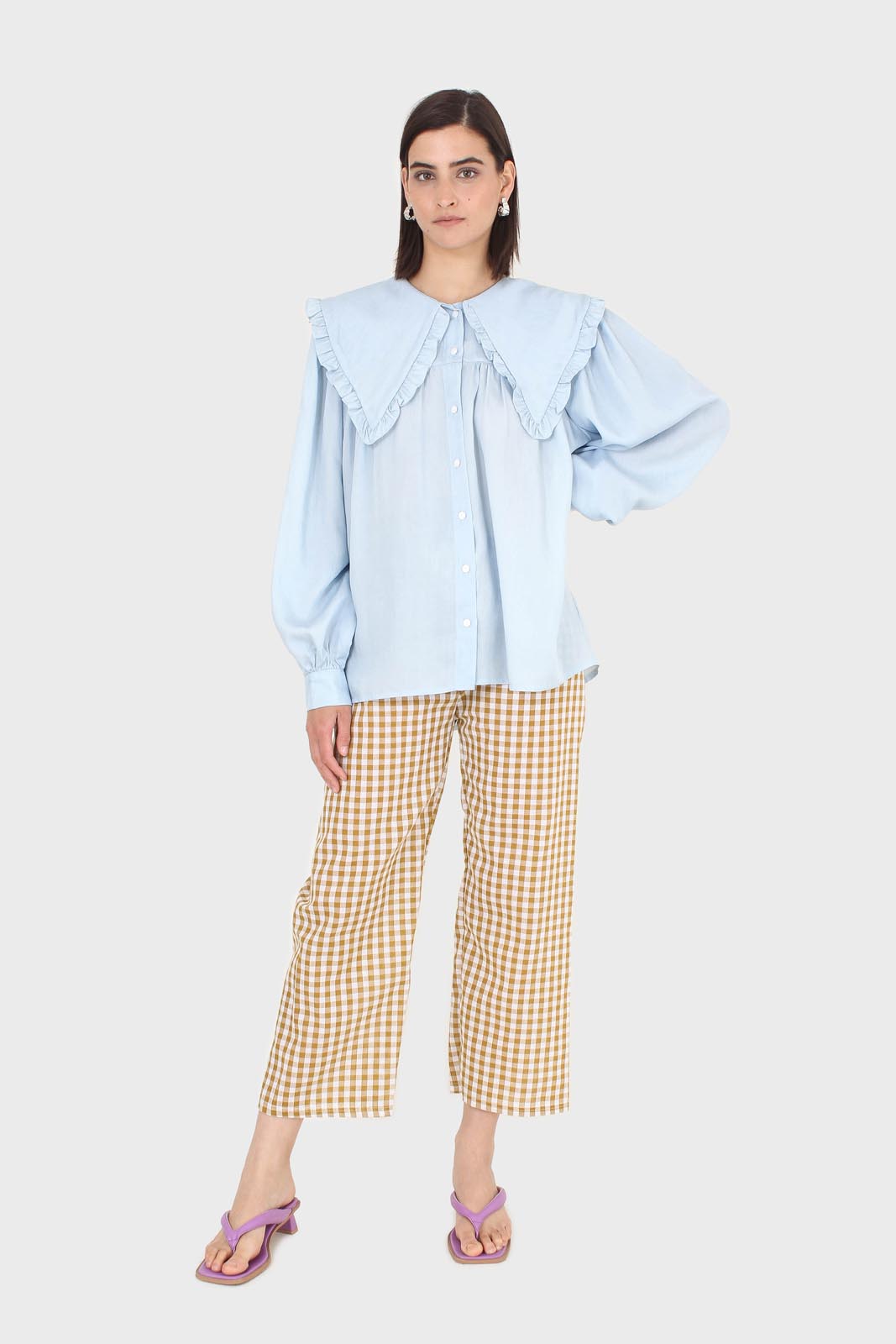 Blue frill large collar balloon sleeve blouse_4