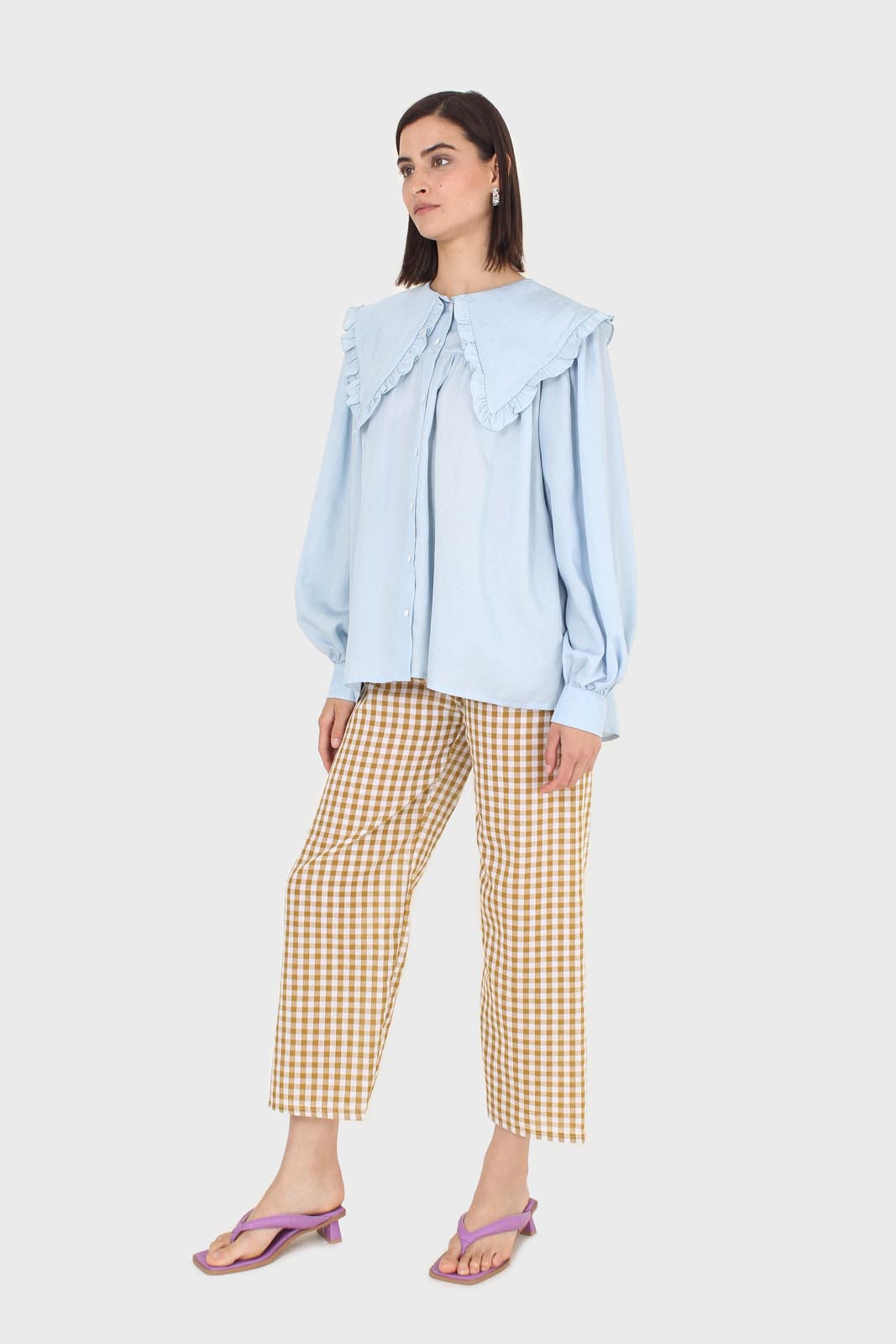 Blue frill large collar balloon sleeve blouse_5