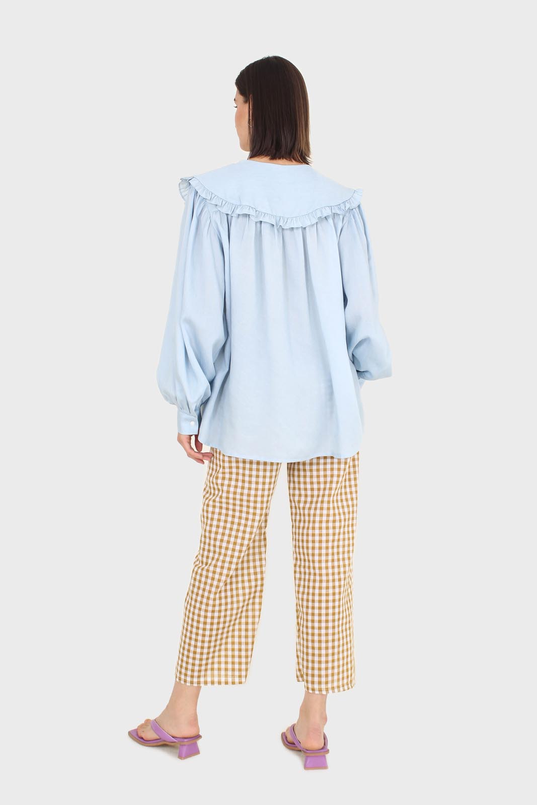 Blue frill large collar balloon sleeve blouse_6