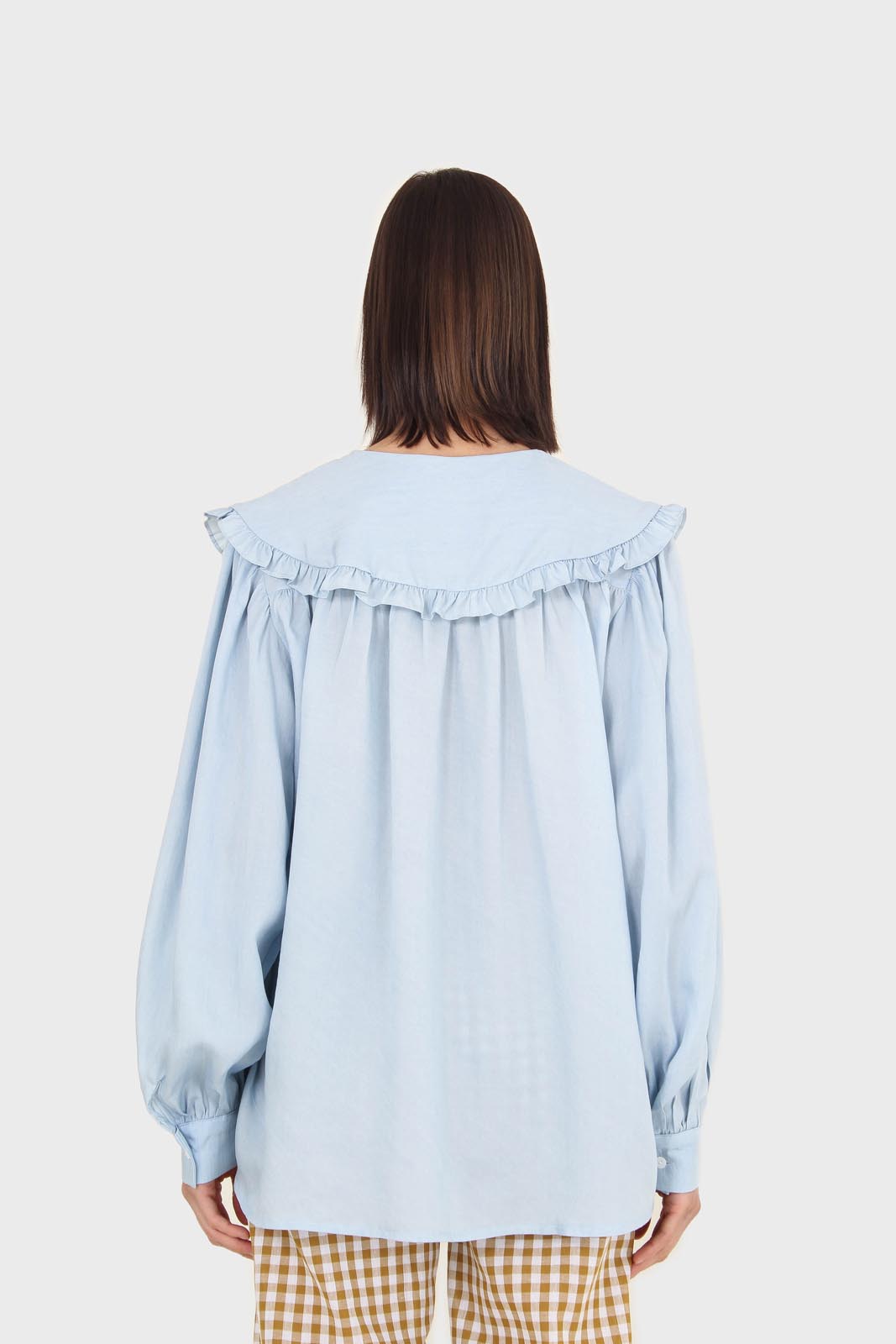 Blue frill large collar balloon sleeve blouse_3