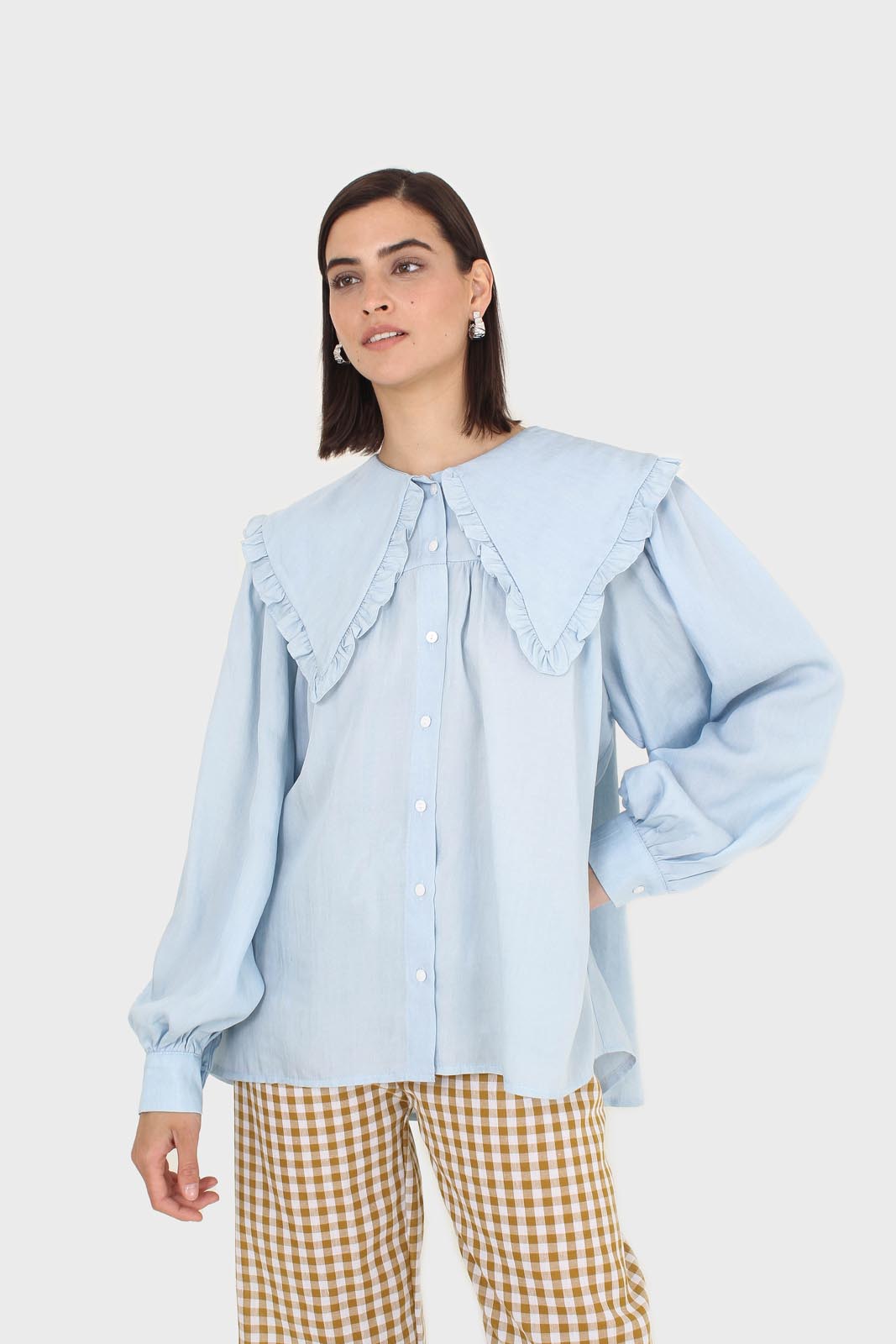 Blue frill large collar balloon sleeve blouse_10