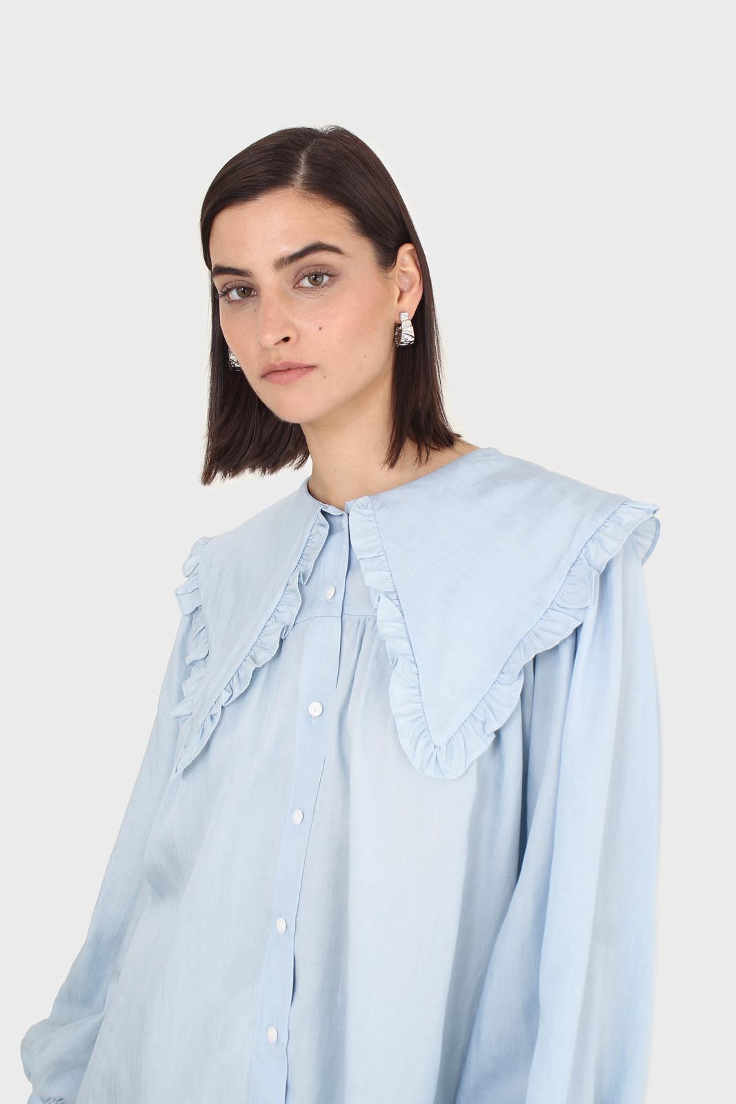 Blue frill large collar balloon sleeve blouse_9