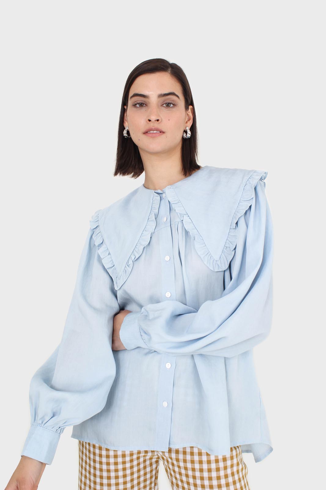 Blue frill large collar balloon sleeve blouse_2