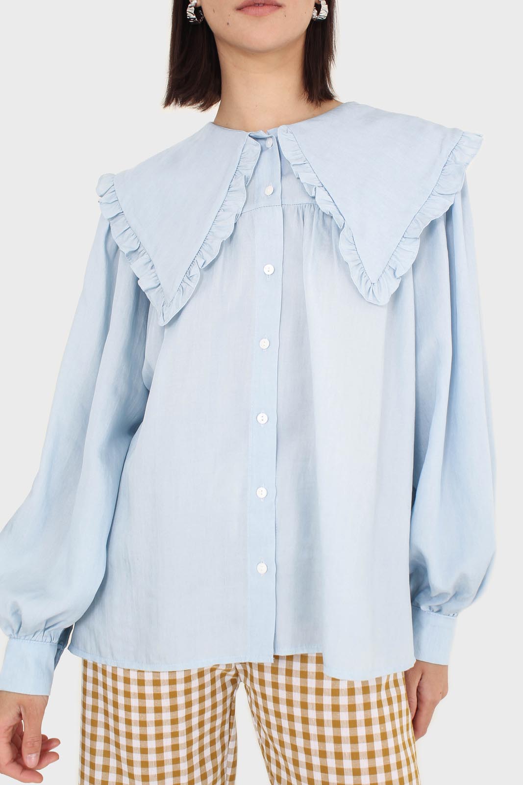 Blue frill large collar balloon sleeve blouse_8