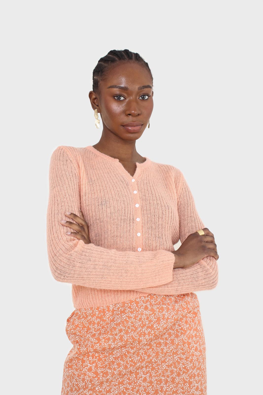 Orange ribbed knit cardigan_1