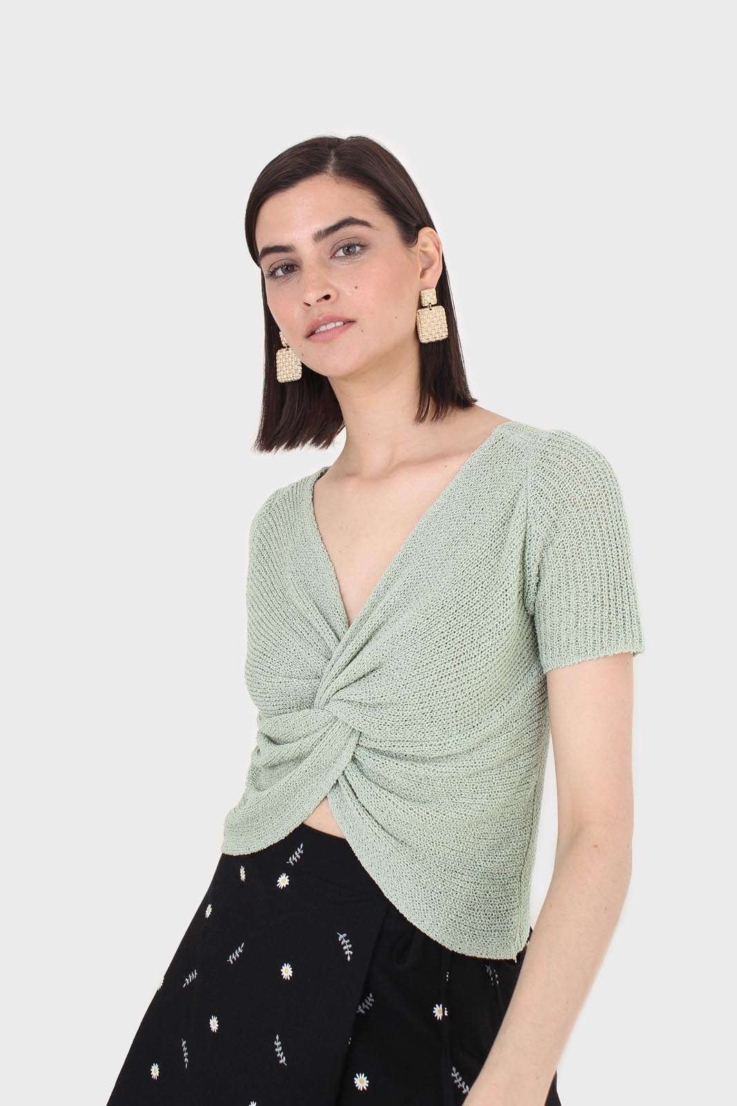 Bright green twist front knitted short sleeved top_1