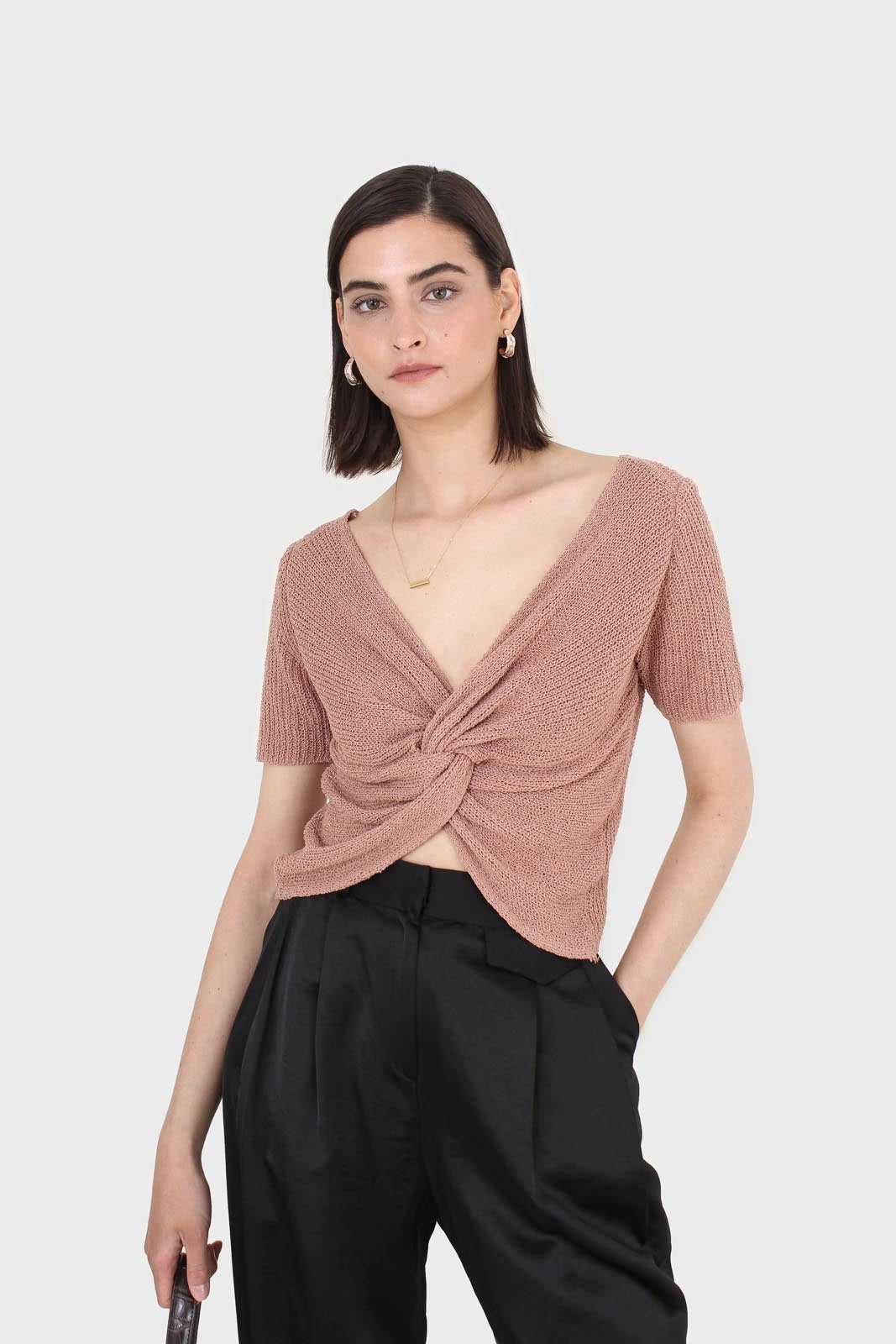 Mauve twist front knitted short sleeved top_1
