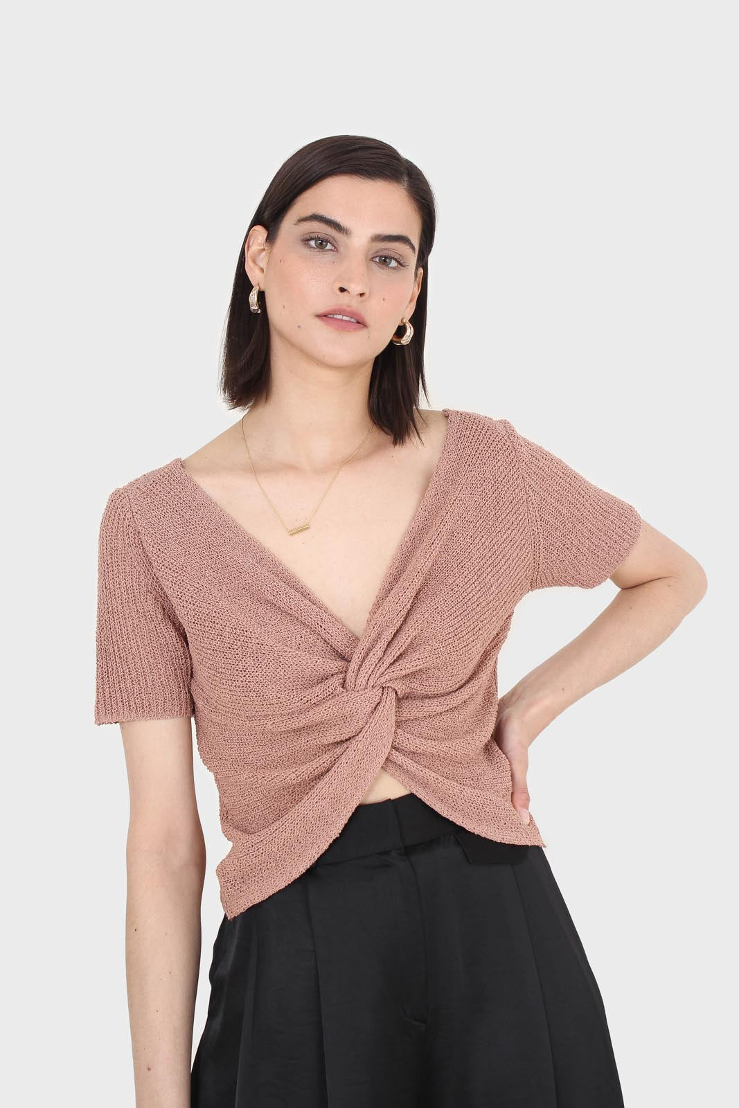 Mauve twist front knitted short sleeved top_8