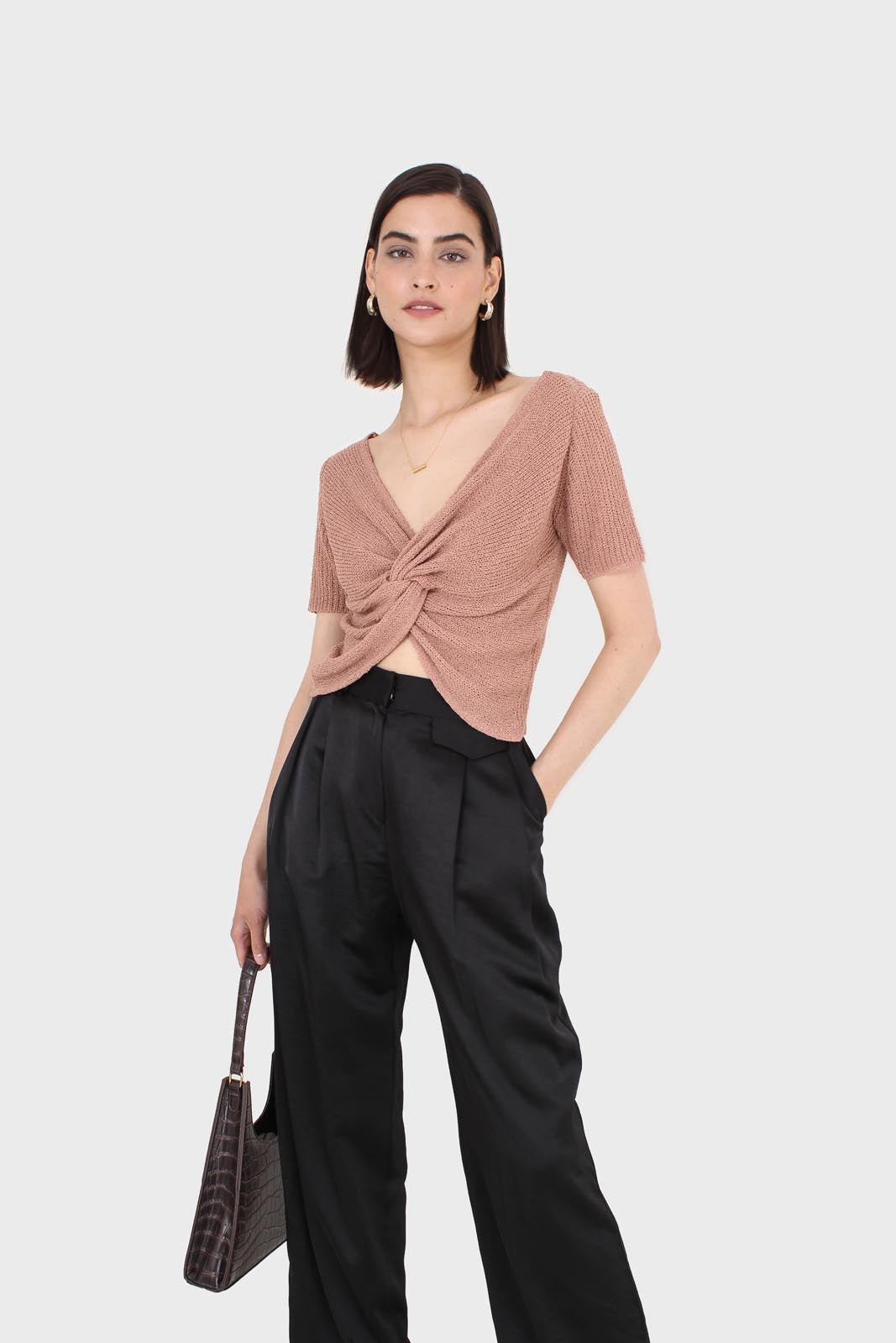 Mauve twist front knitted short sleeved top_9