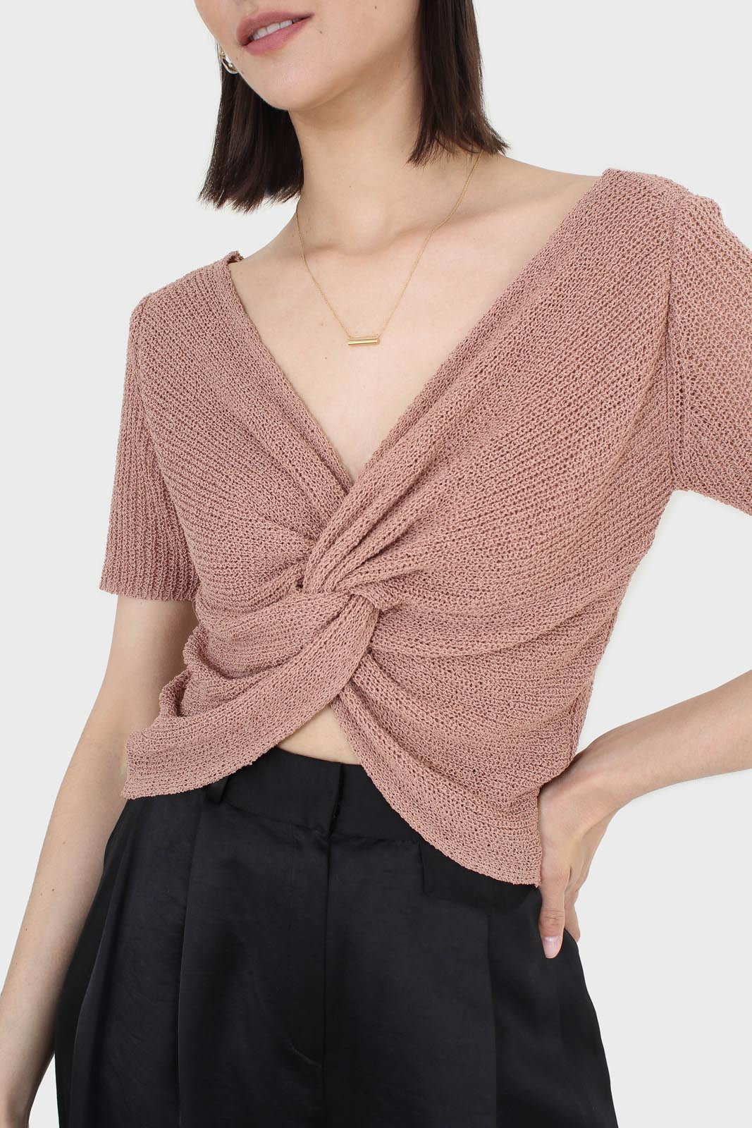 Mauve twist front knitted short sleeved top_2