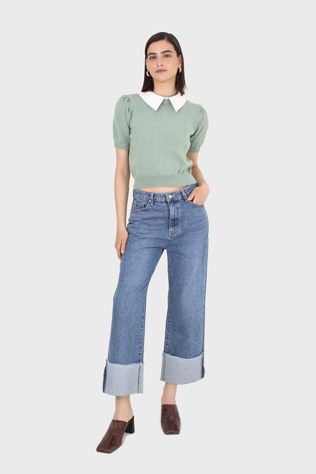 Green collar detail puff sleeved knit top_3