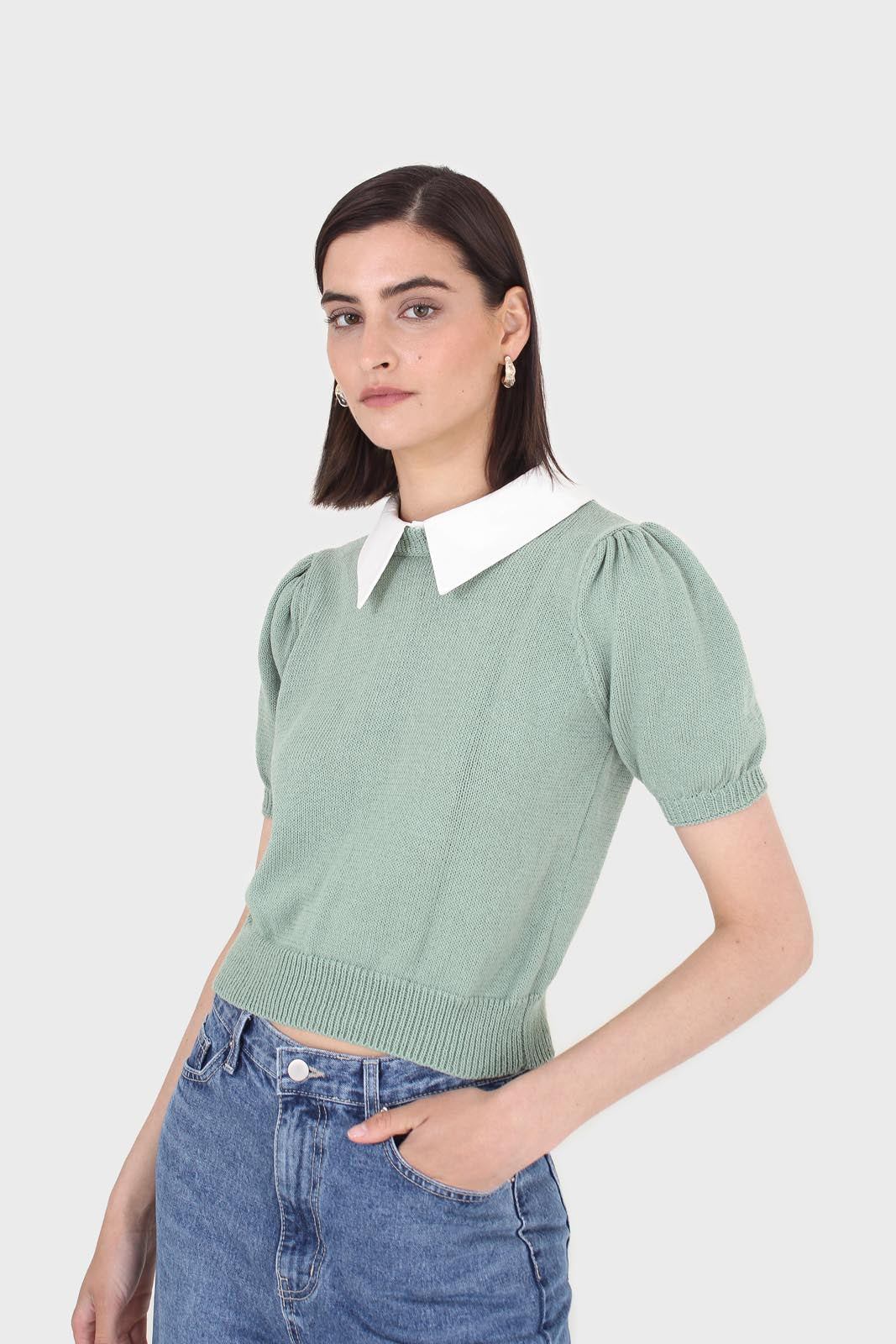 Green collar detail puff sleeved knit top_8