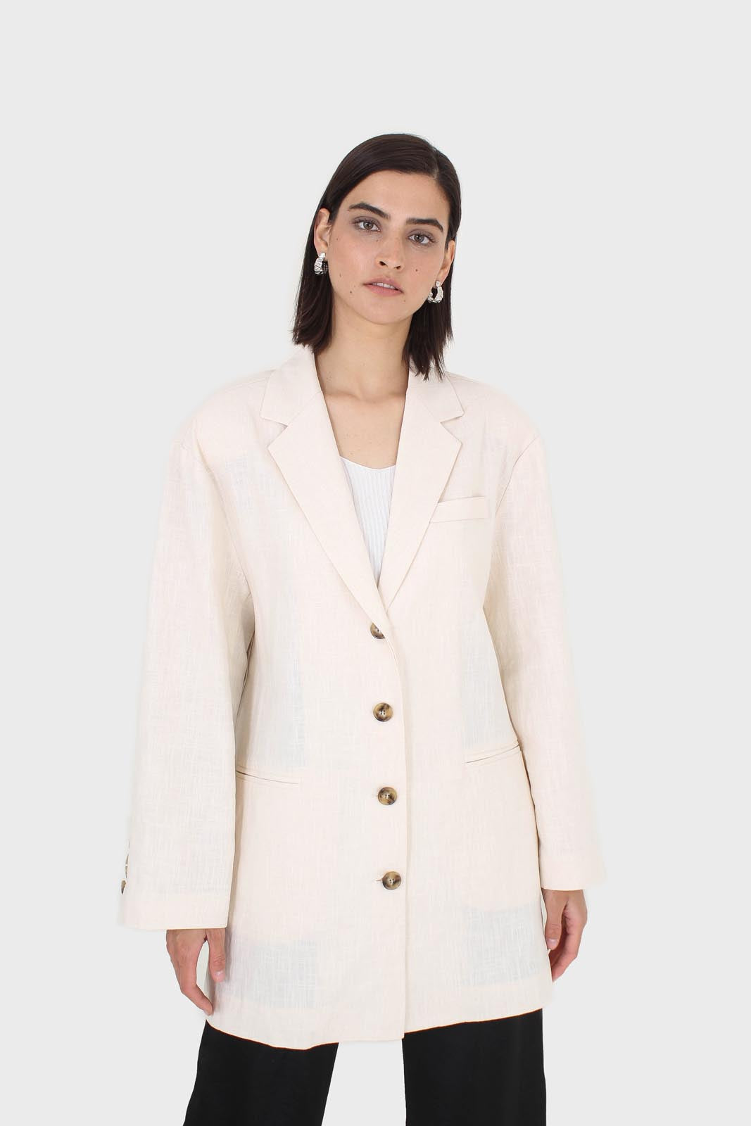 Oatmeal tortoise shell button casual linen blazer_1