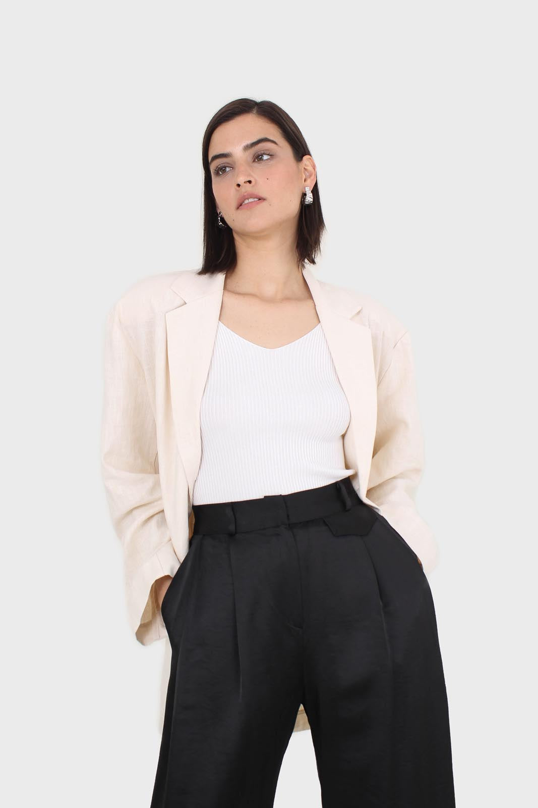 Oatmeal tortoise shell button casual linen blazer_12