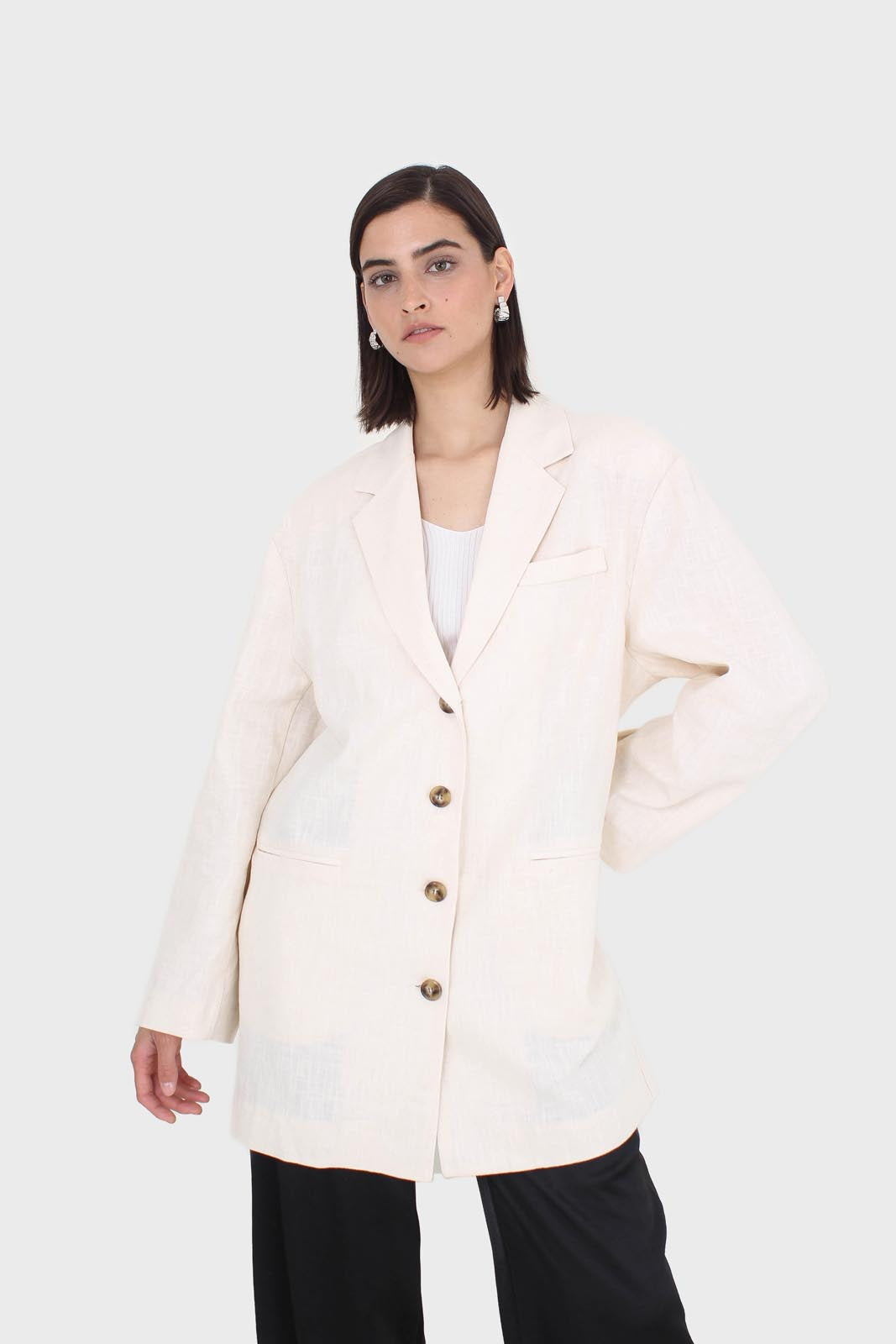 Oatmeal tortoise shell button casual linen blazer_13