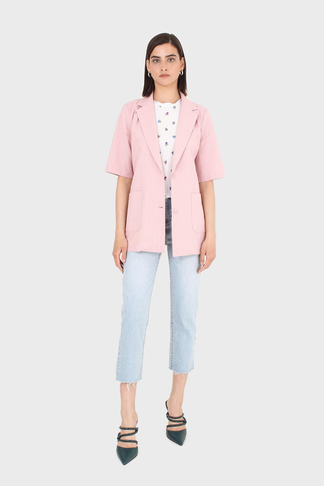 Pink short sleeved tie waist linen blazer_3