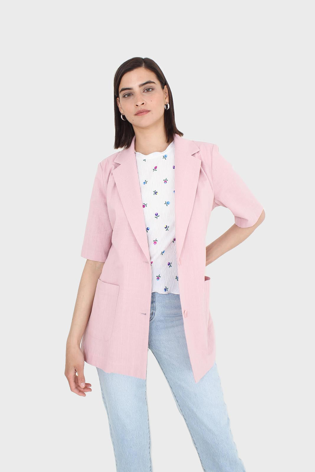 Pink short sleeved tie waist linen blazer_6