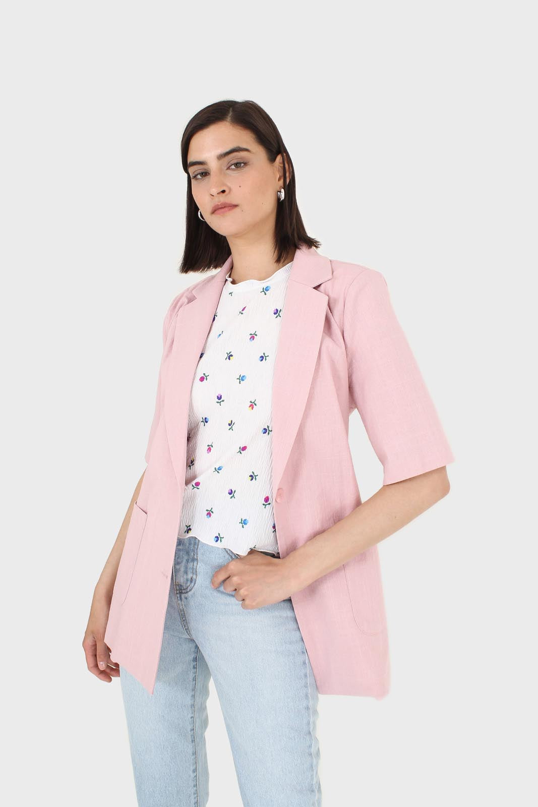 Pink short sleeved tie waist linen blazer_9