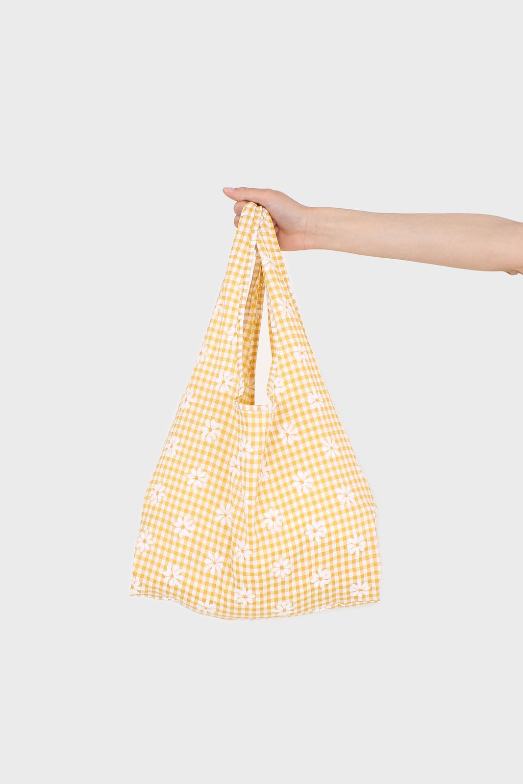 Yellow and ivory gingham and floral print tote bag_1