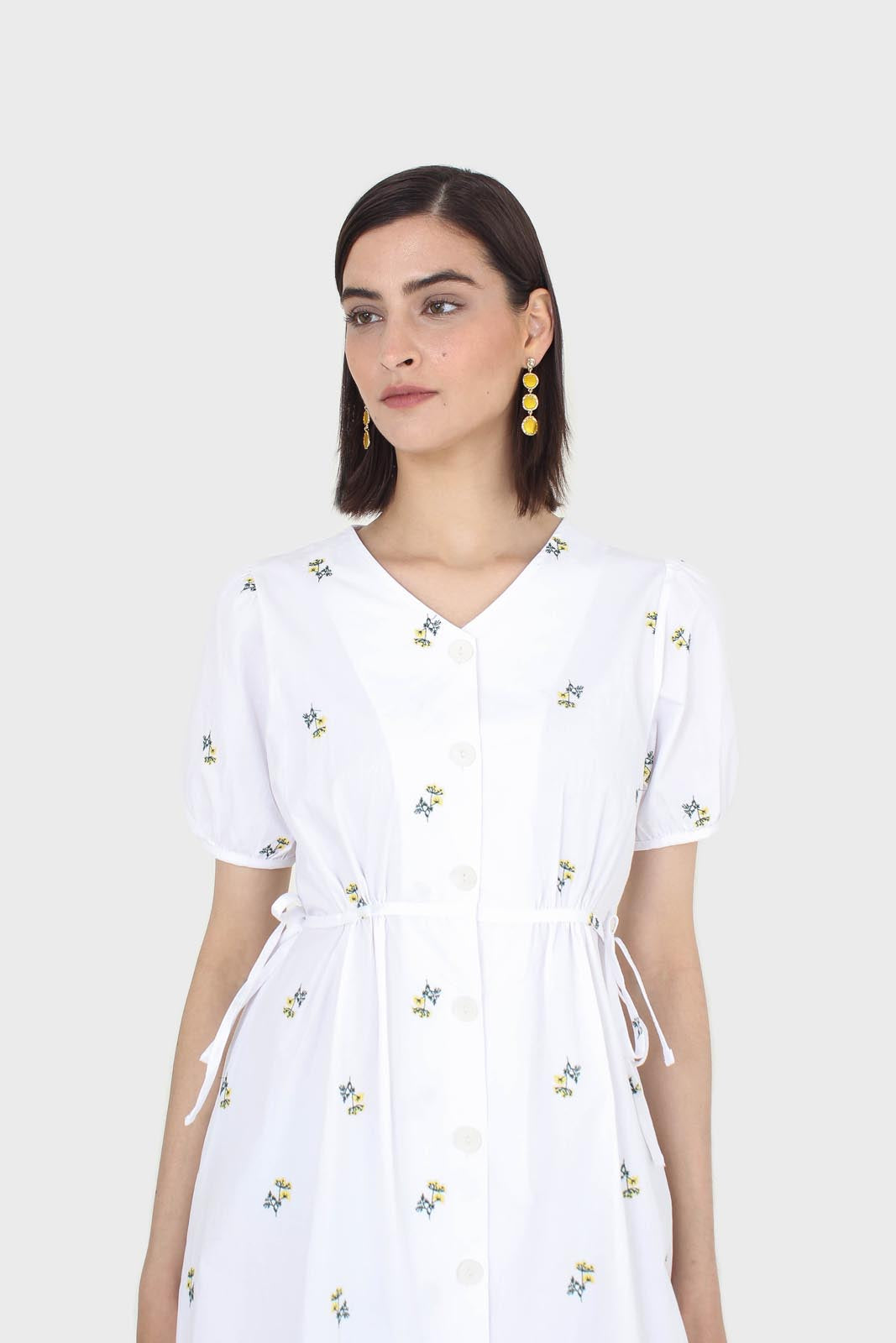 White embroidered floral button front midi dress_10