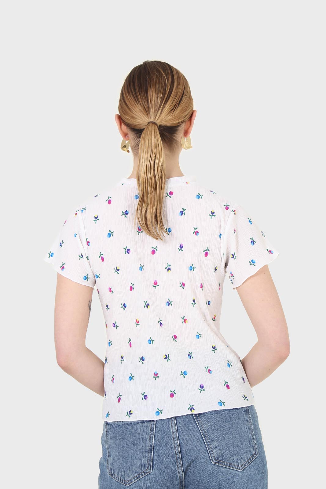 Ivory tiny floral print lettuce hem tee_2