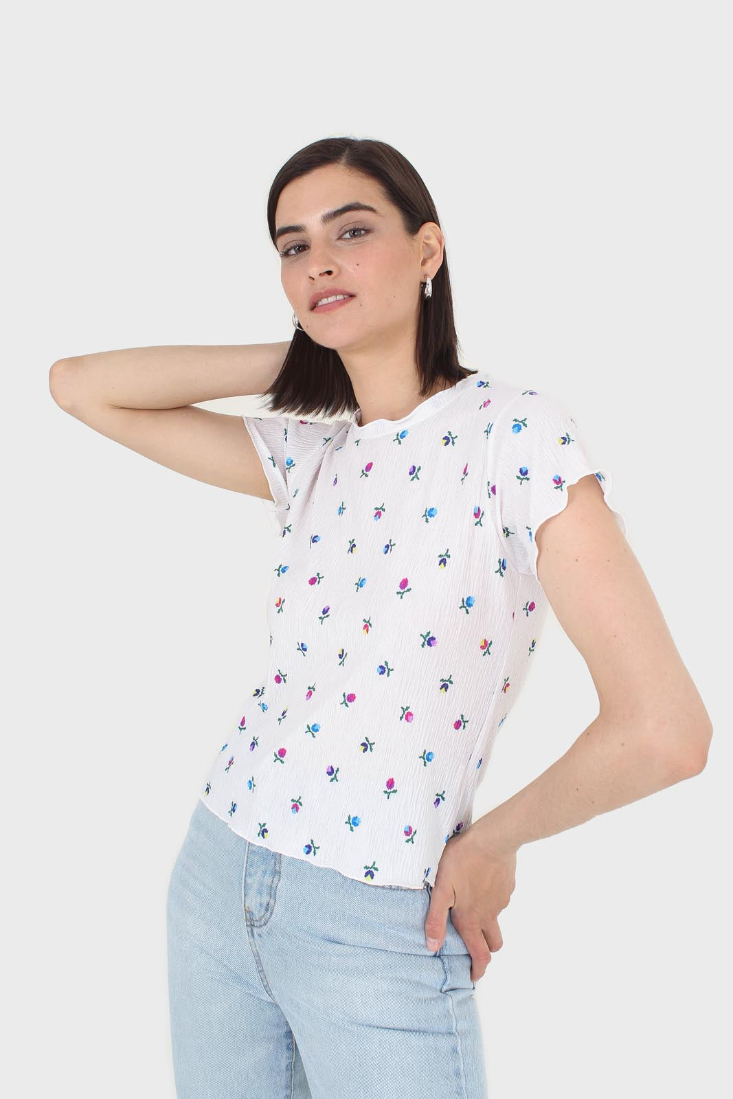 Ivory tiny floral print lettuce hem tee_7