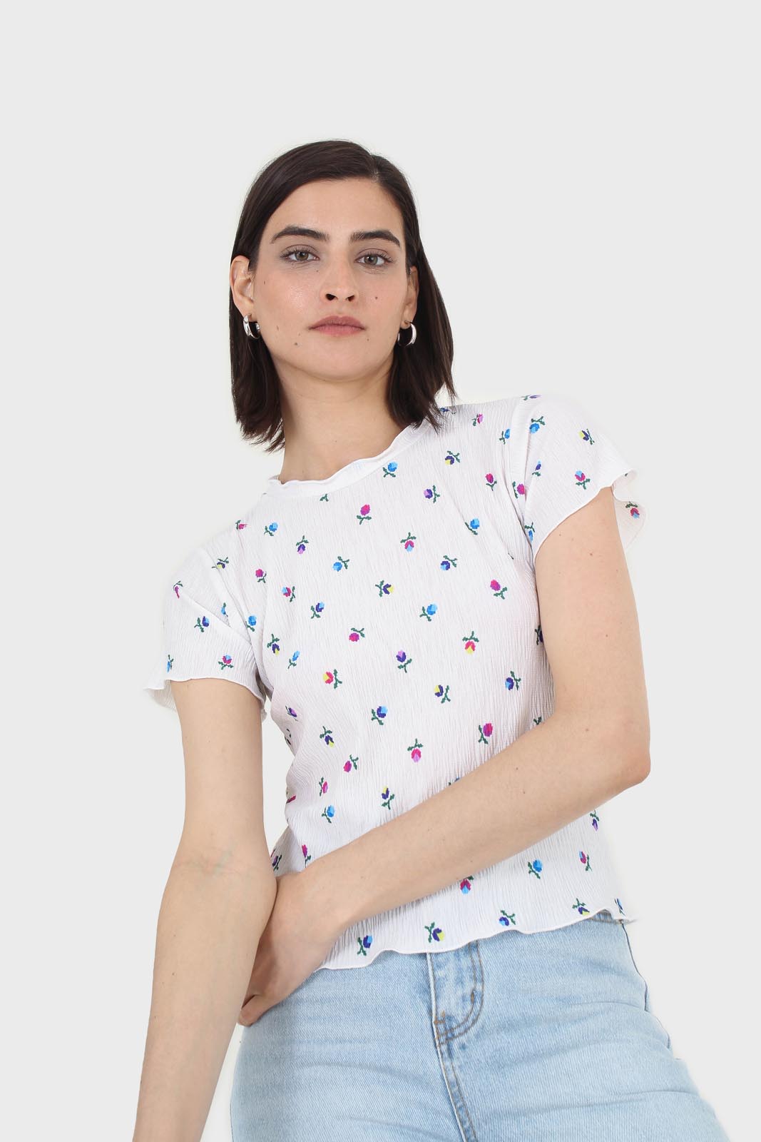 Ivory tiny floral print lettuce hem tee_8