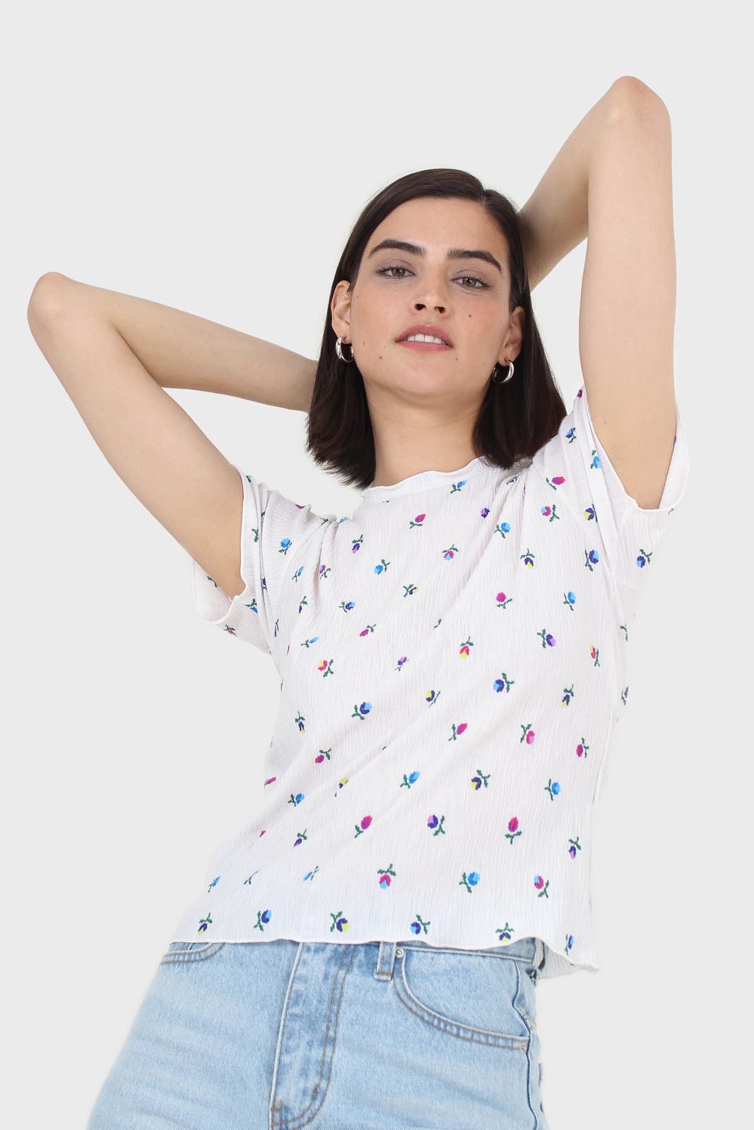 Ivory tiny floral print lettuce hem tee_9